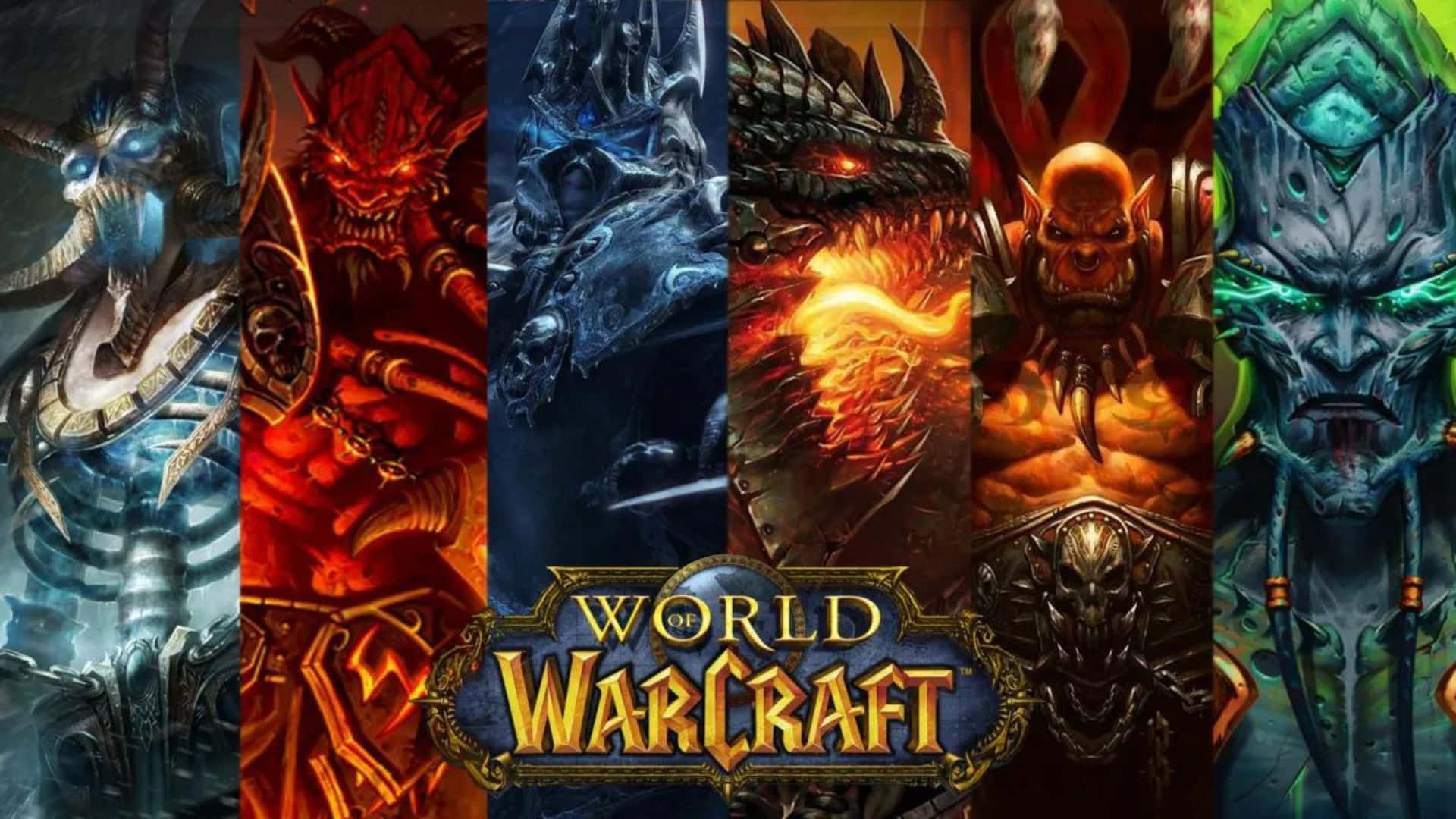 World Of Warcraft Races 桌布 壁紙 — 六個來自《魔獸世界》的威脅性奇幻首領，站在熾熱的黑暗面板中，擁有發光的眼睛和華麗的盔甲。