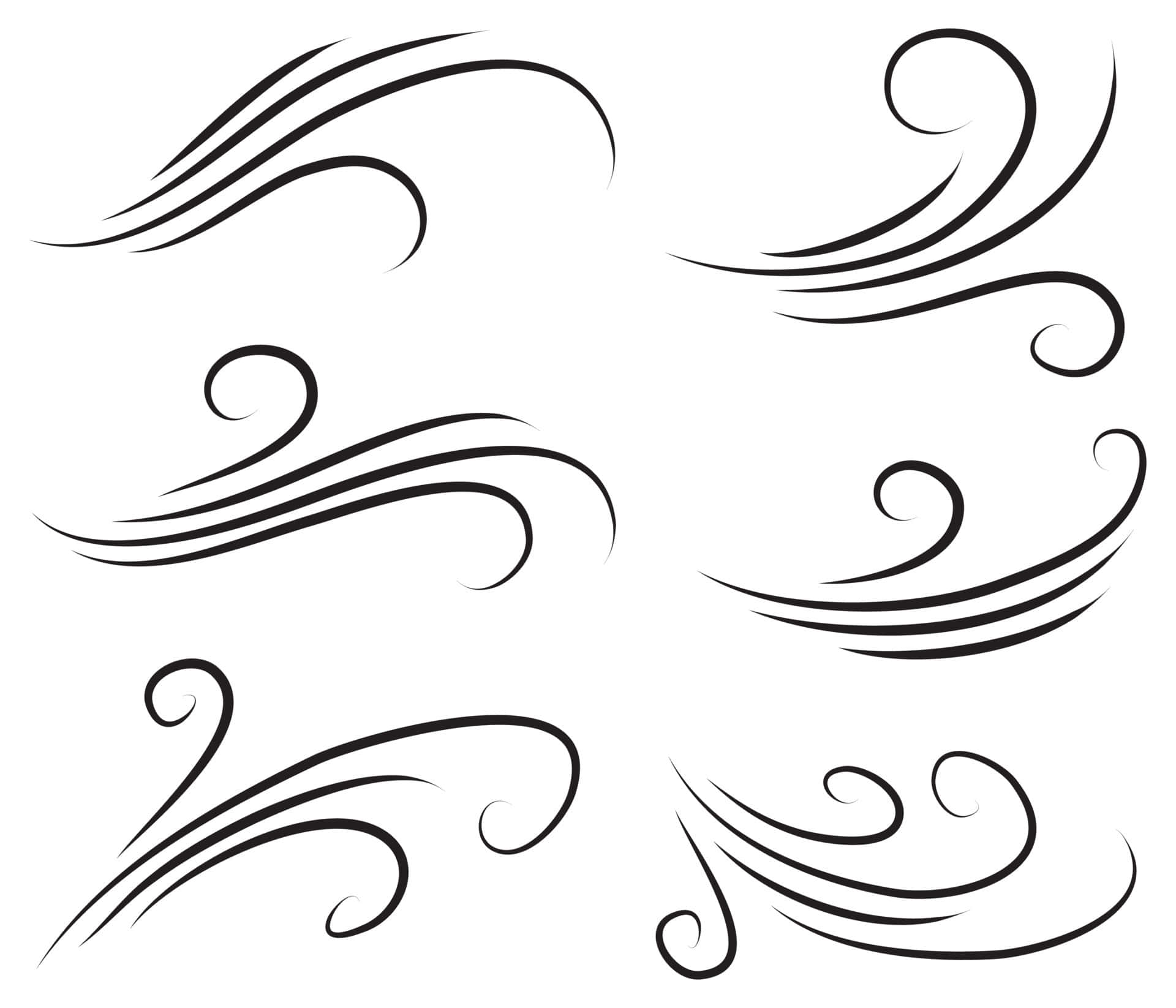 Wind 桌布 壁紙 — 六個優雅的黑色漩渦和流動線條在白色背景上創造出動態的裝飾性花飾。