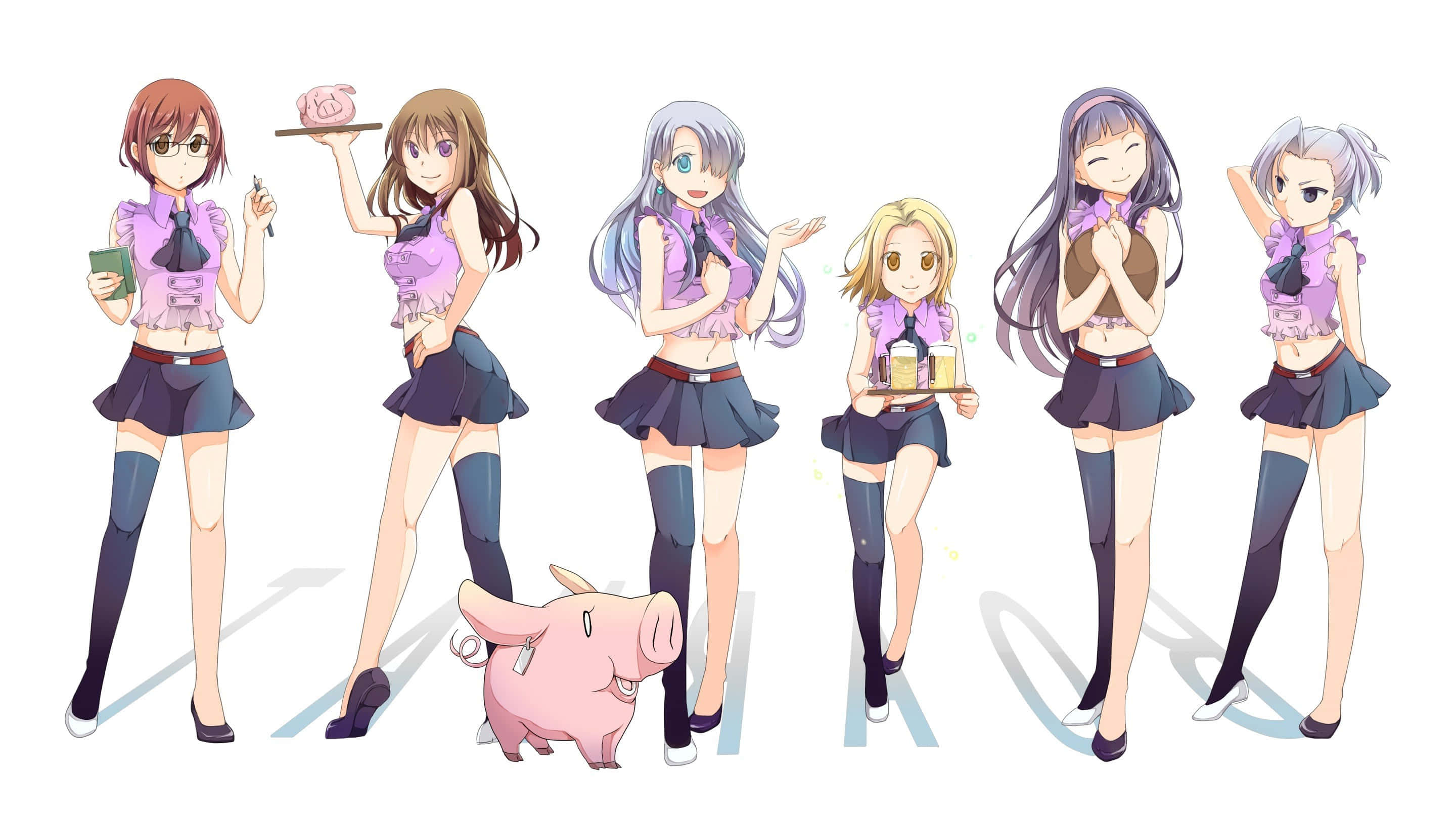 Seven Deadly Sins Elizabeth Liones 桌布 壁紙 — 六個動漫女孩穿著相配的紫色上衣和裙子，拿著粉紅色豬仔錢罌和飲品，在純白色背景前擺姿勢。