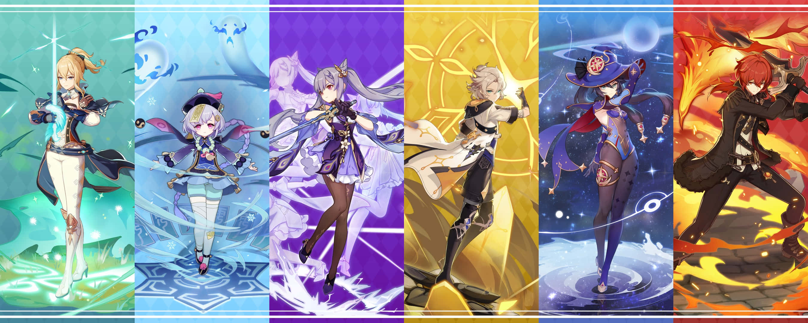 Genshin Impact Characters 桌布 壁紙 — 六個動漫角色以動態姿勢展現，帶有發光元素效果，背景色彩鮮豔。