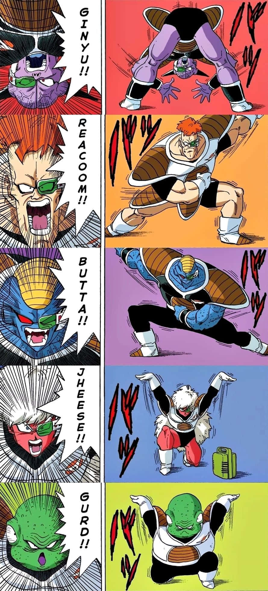 Ginyu Force 桌布 壁紙 — 六個動漫角色以動態戰鬥姿勢，配合對話氣泡喊出他們的名字，背景色彩繽紛。