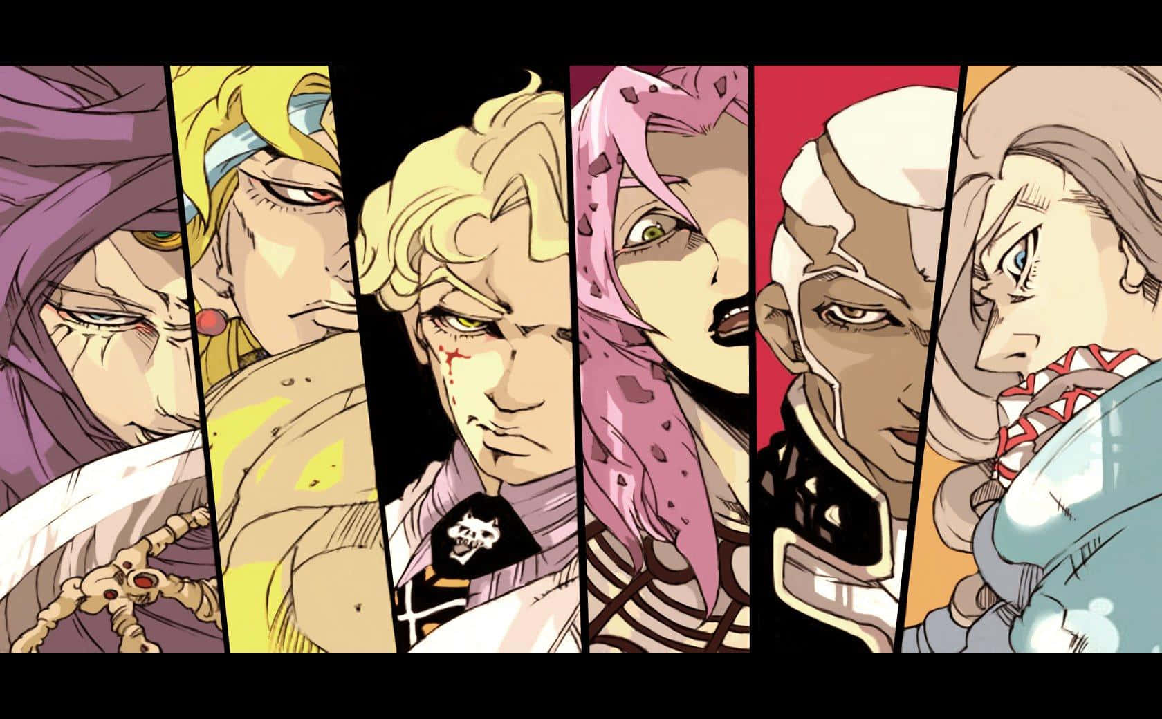 Jojo Stands 桌布 壁紙 — 六個動漫角色以強烈表情顯示在垂直面板上，背景為大膽色彩。