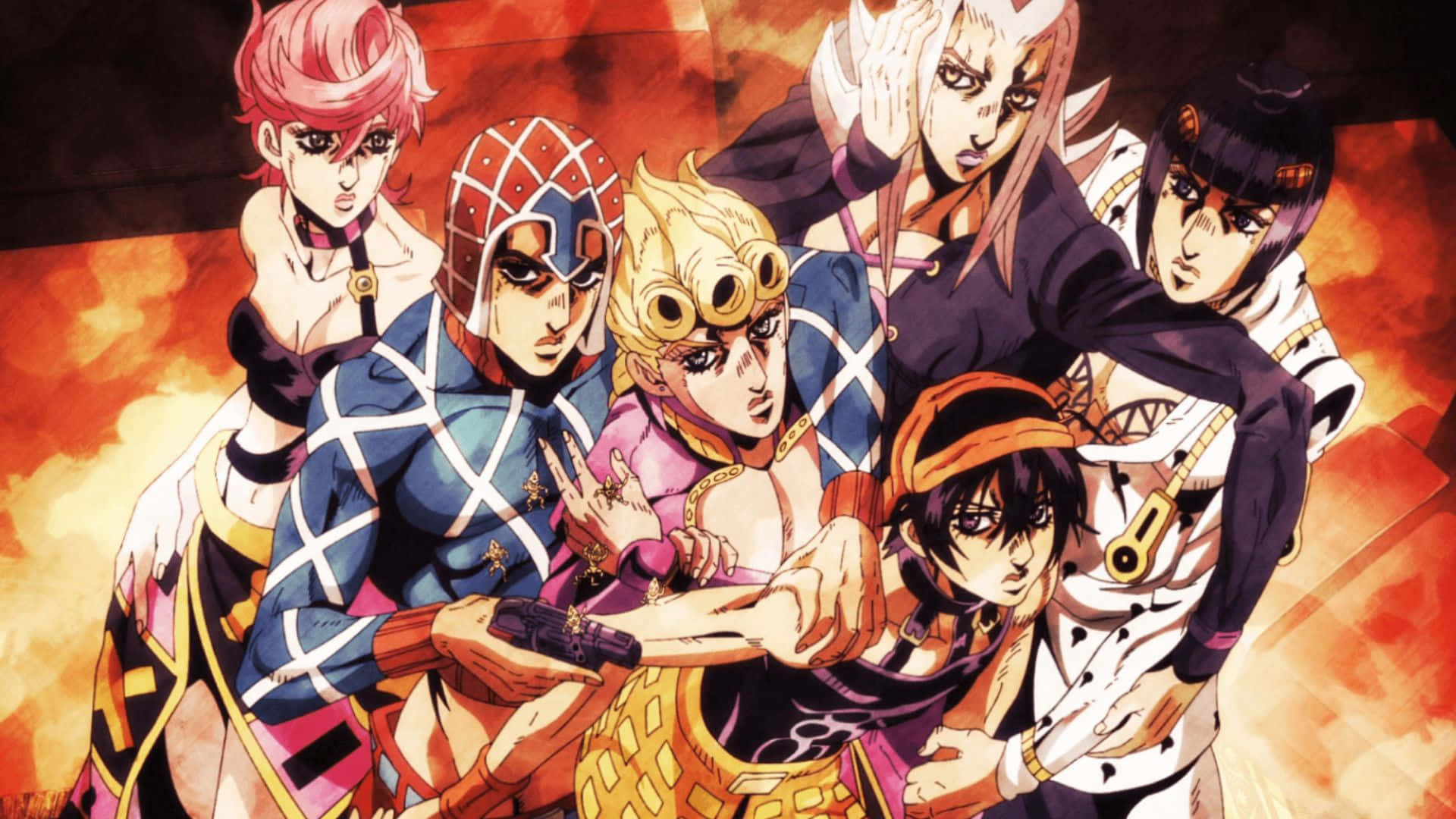Jonathan Joestar 桌布 壁紙 — 六個動漫角色穿著大膽服裝，在火橙色背景前動態站立。