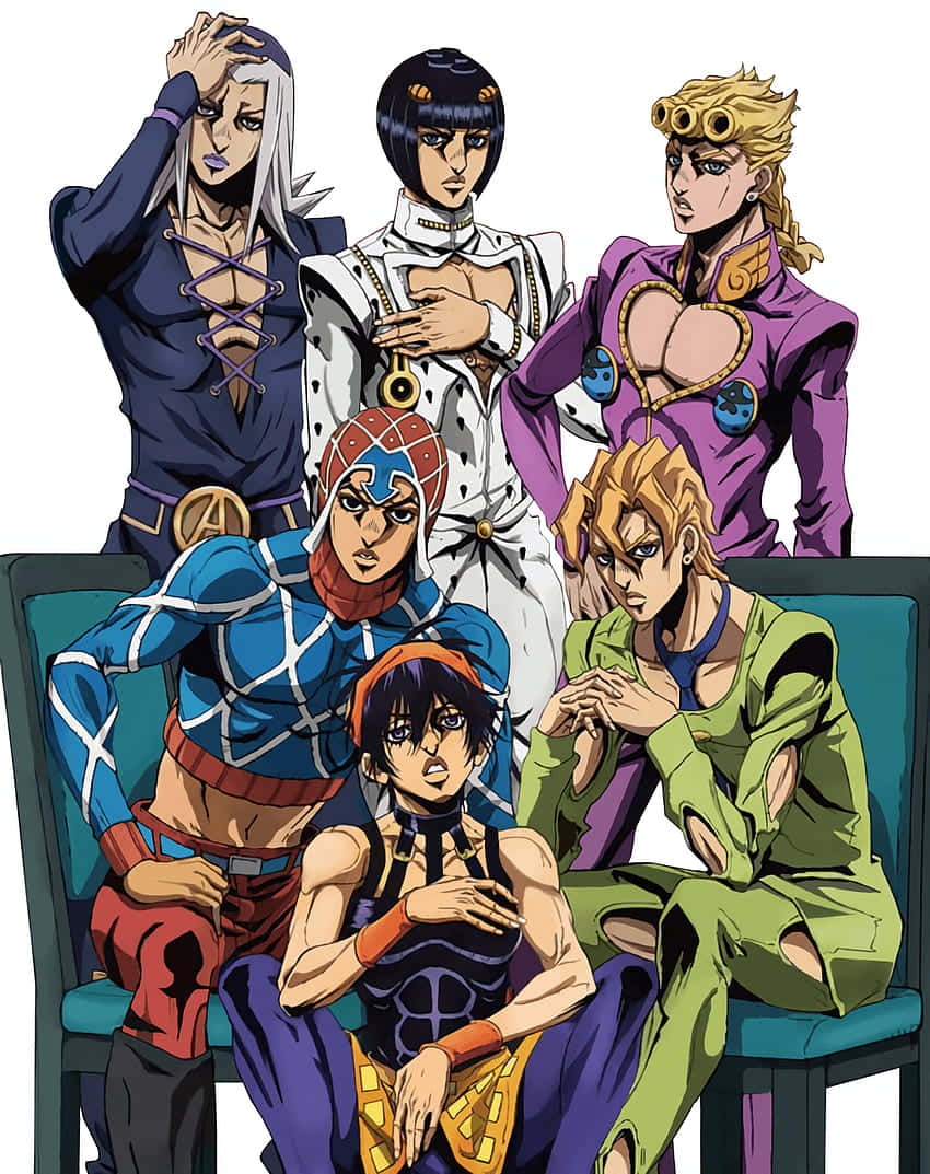 Golden Wind 桌布 壁紙 — 六個動漫角色穿著大膽服裝，表情強烈，在白色背景前的青綠色沙發上戲劇性地擺姿勢。