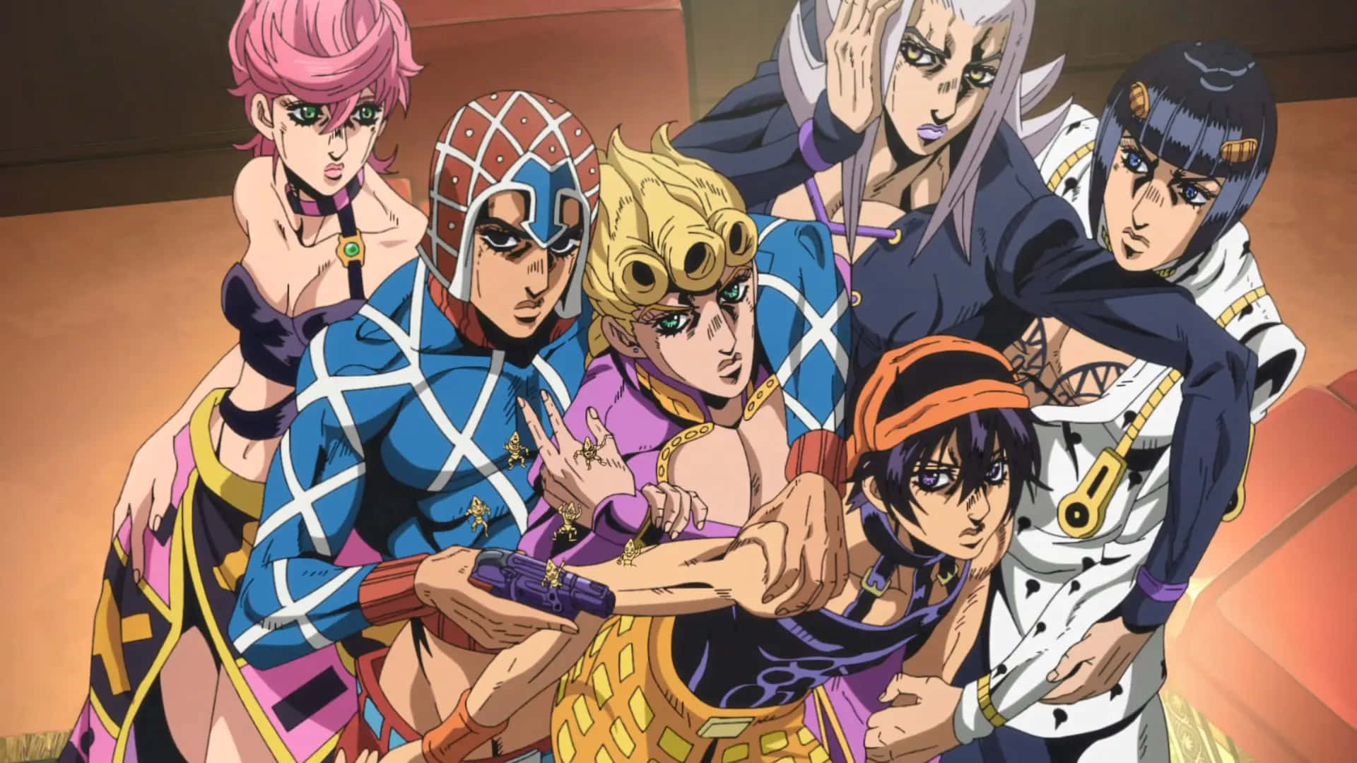 Vento Aureo 桌布 壁紙 — 六個動漫角色穿著鮮豔服裝，以強烈表情動態擺姿勢。