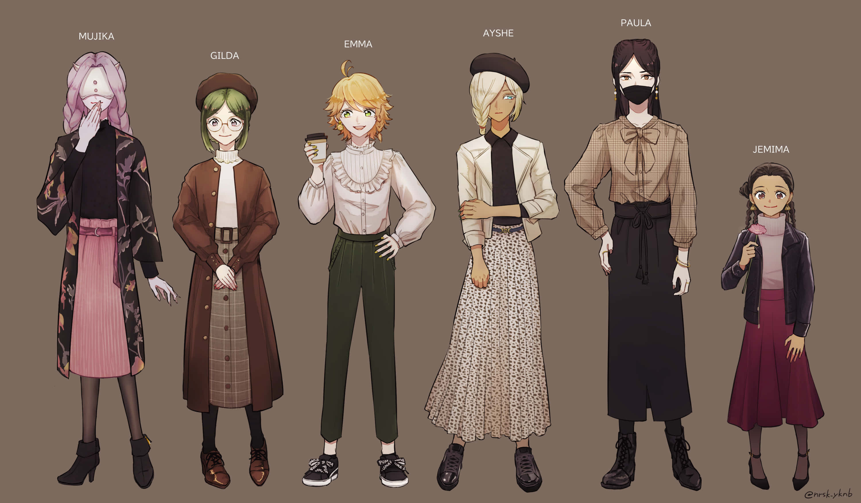 The Promised Neverland Mujika 桌布 壁紙 — 六個動漫風格女性角色穿著不同的復古風格服裝，站在純棕色背景前。