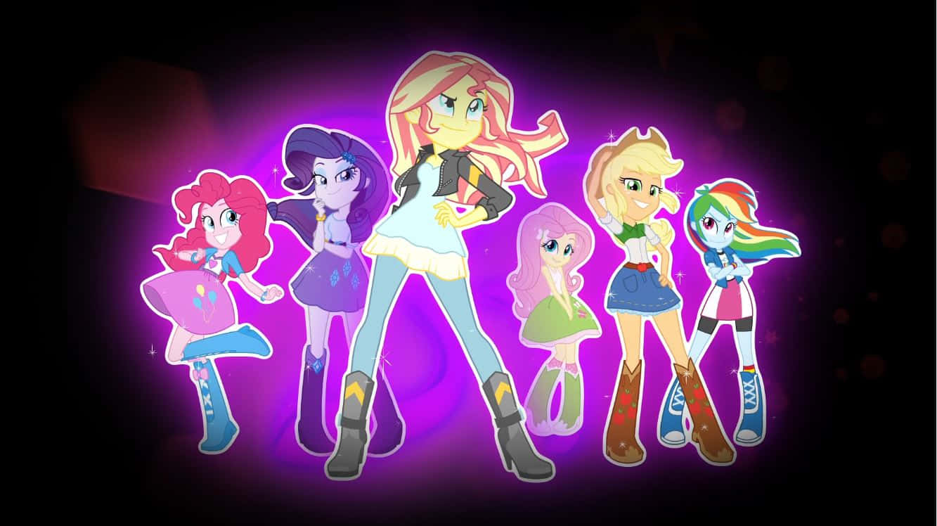 Cartoon Games 桌布 壁紙 — 六個動畫小馬女孩穿著色彩繽紛的服裝，在帶有暗色散景效果的發光紫色背景前自信地擺姿勢。