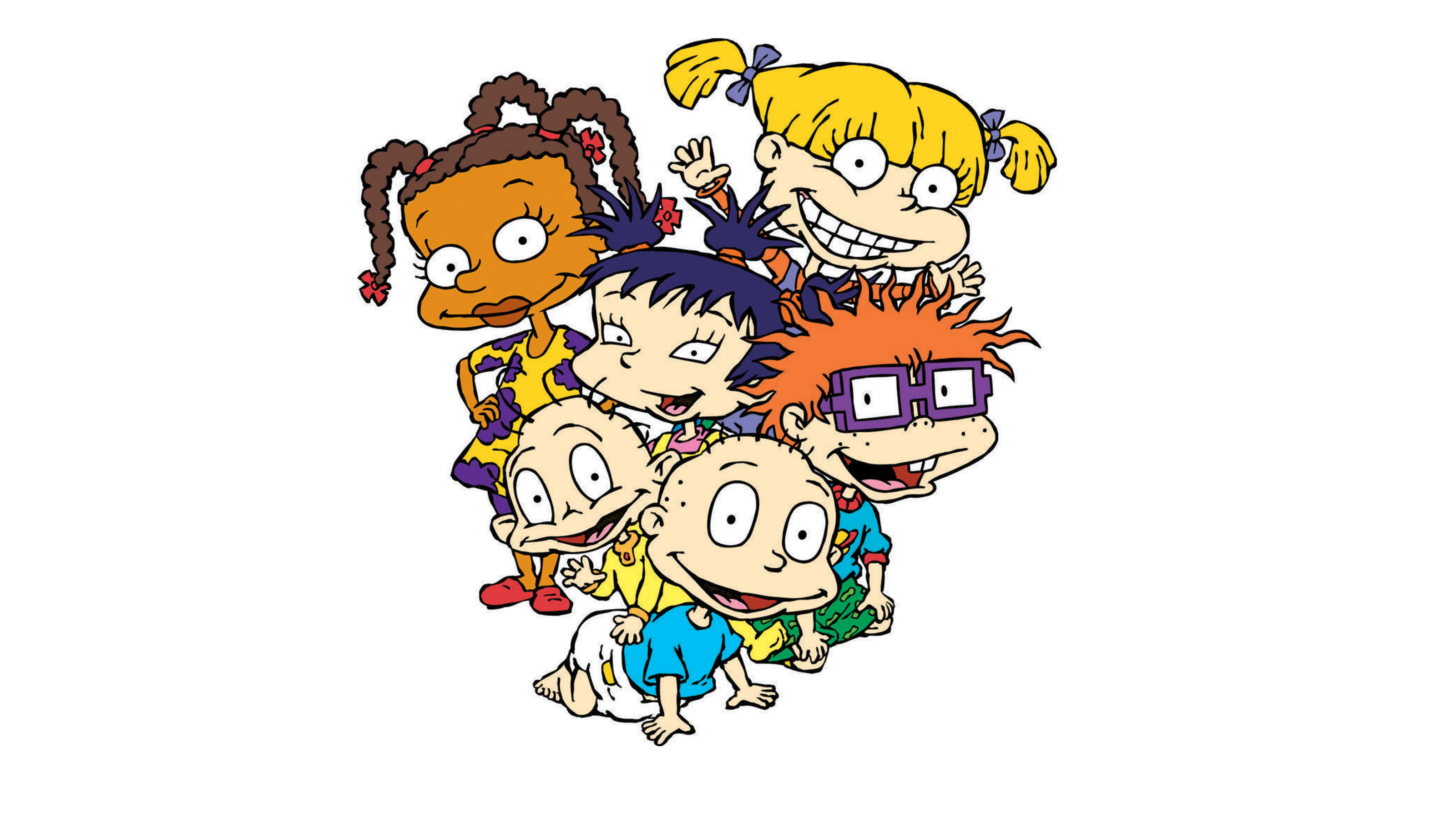 rugrats 桌布 壁紙 — 六個動畫幼兒，擁有色彩繽紛的頭髮和大眼睛，在純白色背景前開心地擺姿勢。