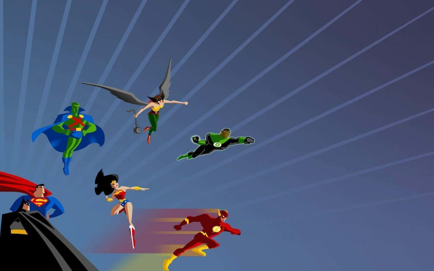 Justice League Unlimited 桌布 壁紙 — 六個動畫超級英雄在藍天中動態飛翔，身後帶有放射狀的光線條紋。