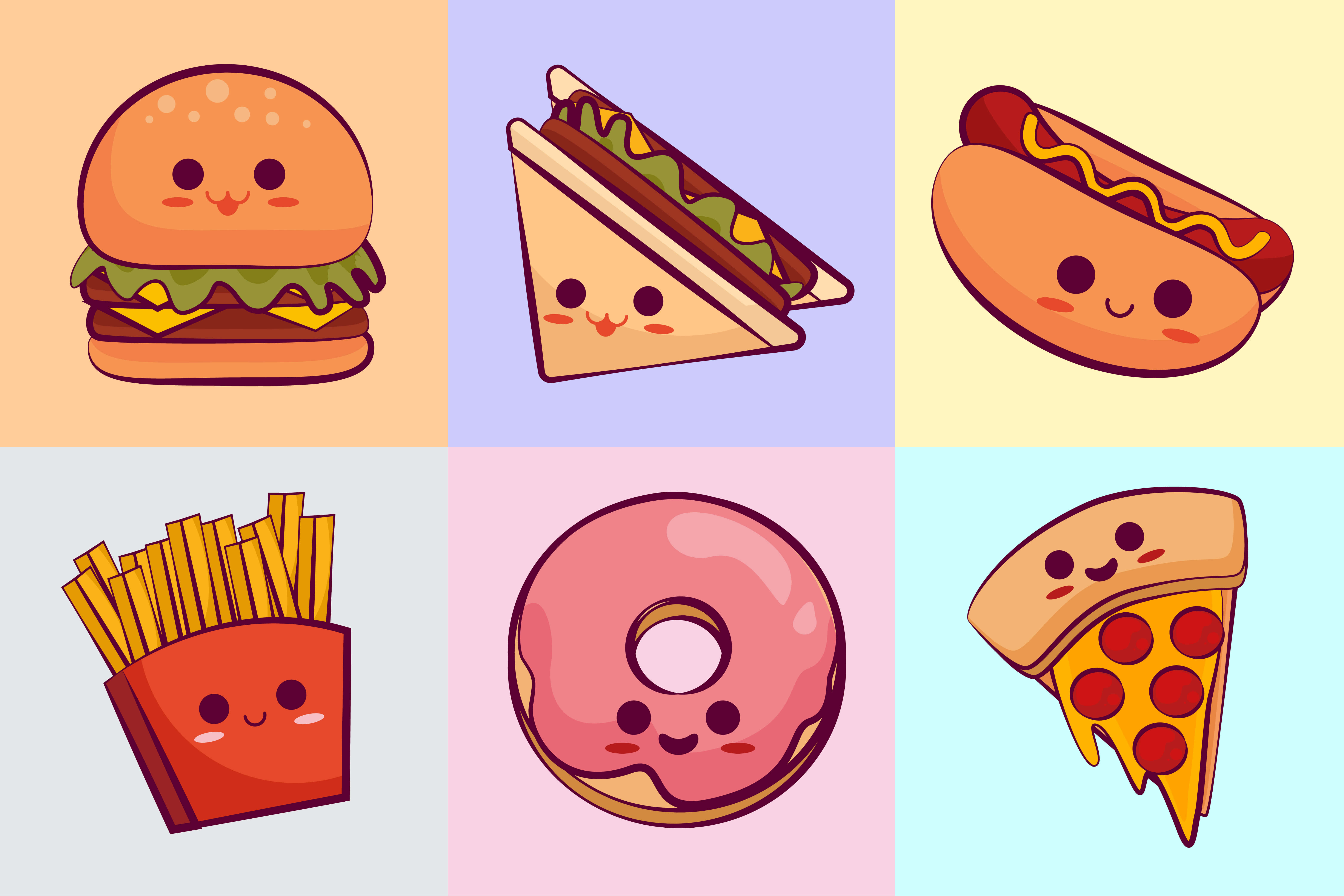 Kawaii Food 桌布 壁紙 — 六個卡哇伊風格快餐食品，帶有笑臉，以網格排列在柔和背景上。