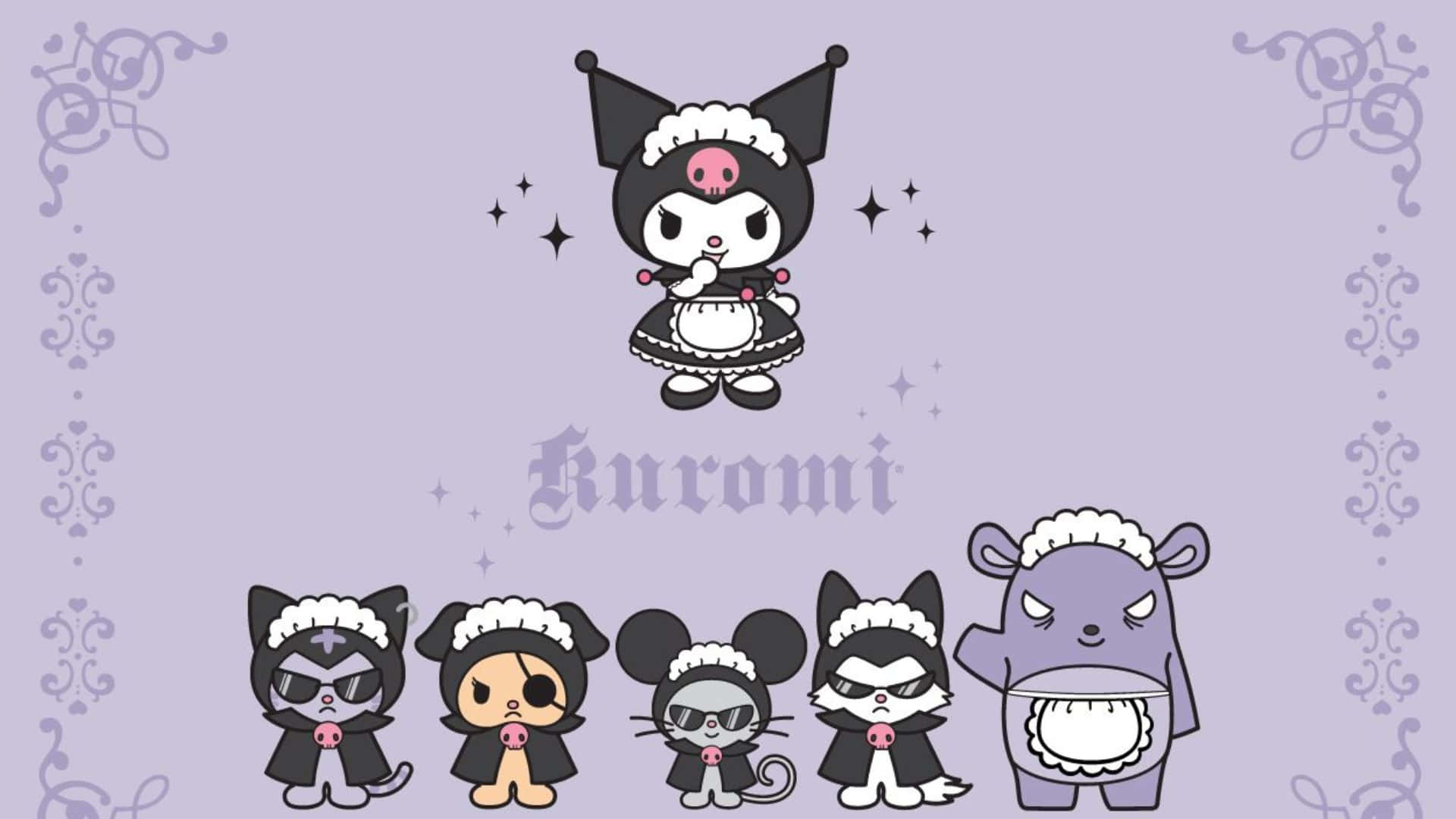 Kuromi Halloween 桌布 壁紙 — 六個可愛的Sanrio角色穿著黑白女僕裝，在帶有華麗邊框和閃光的薰衣草背景上漂浮。