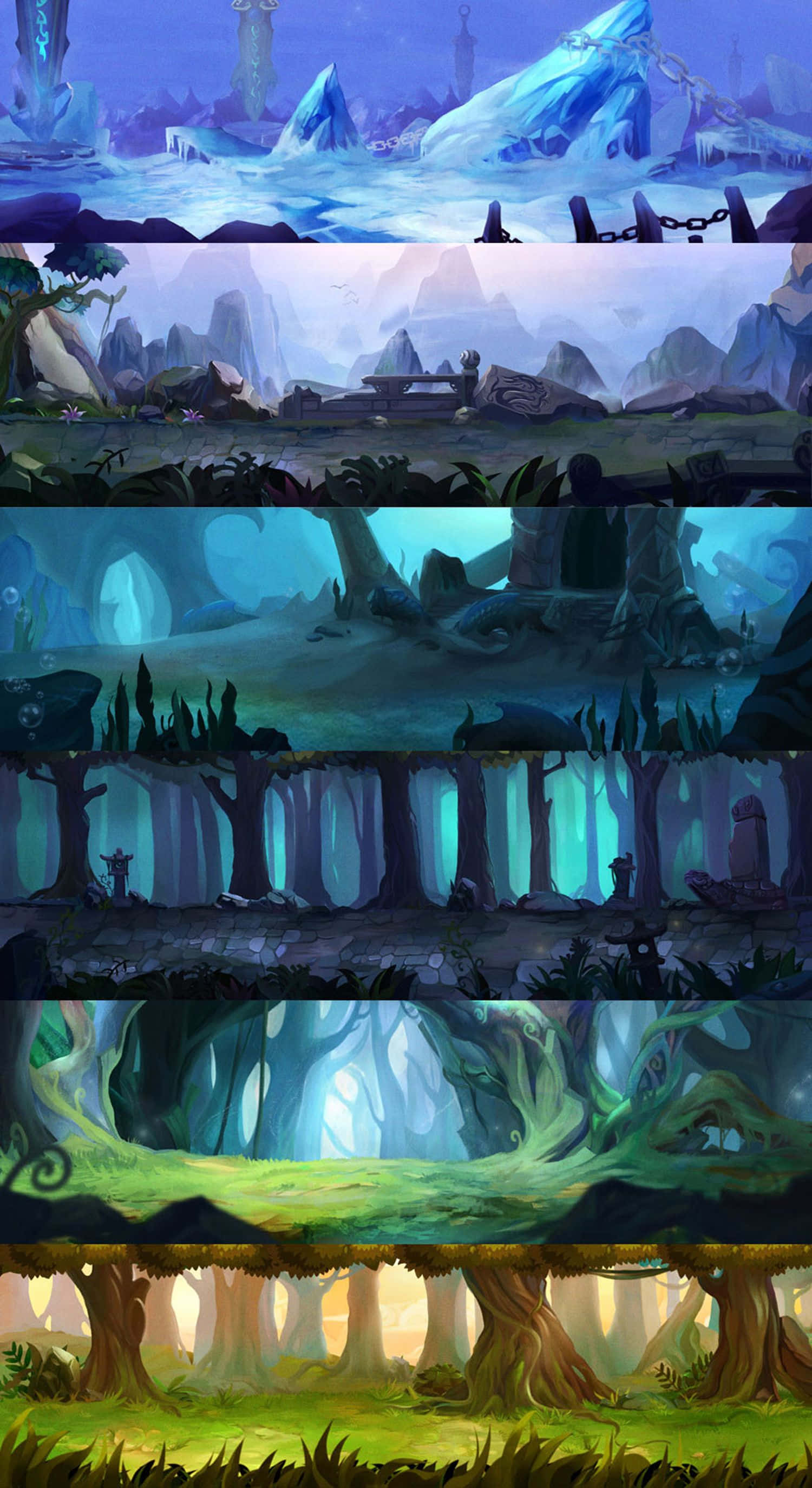 Game Design 桌布 壁紙 — 六個奇幻環境的垂直蒙太奇，從冰峰到發光的森林，帶有神秘遺跡和古樹。