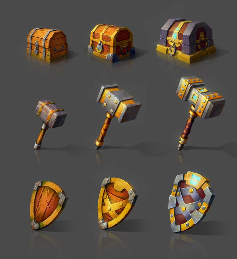Game Design 桌布 壁紙 — 六個奇幻遊戲資產，包括寶箱、錘子和盾牌，展示在灰色反光表面上。