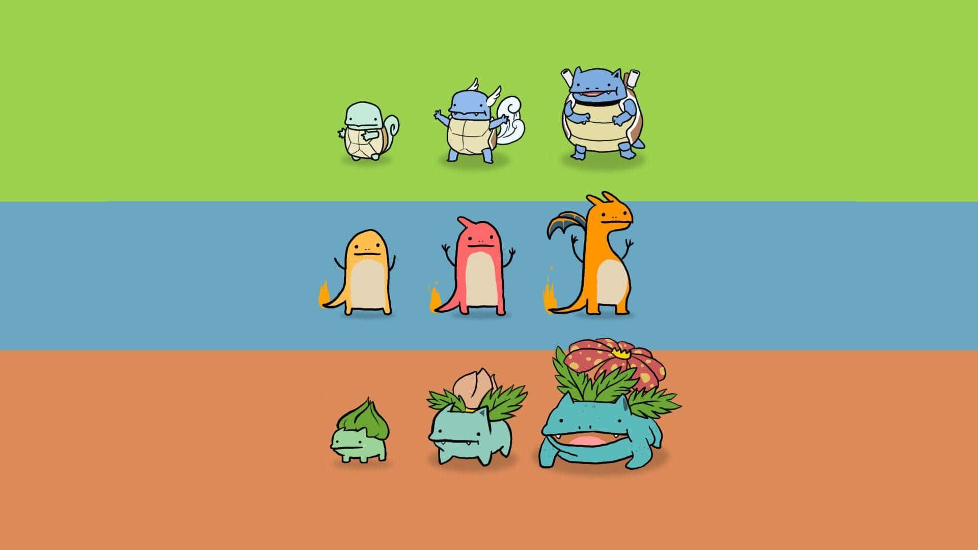 Pokemon Posters 桌布 壁紙 — 六個寶可夢角色以三行排列在純色背景上，採用乾淨的數位插畫風格。