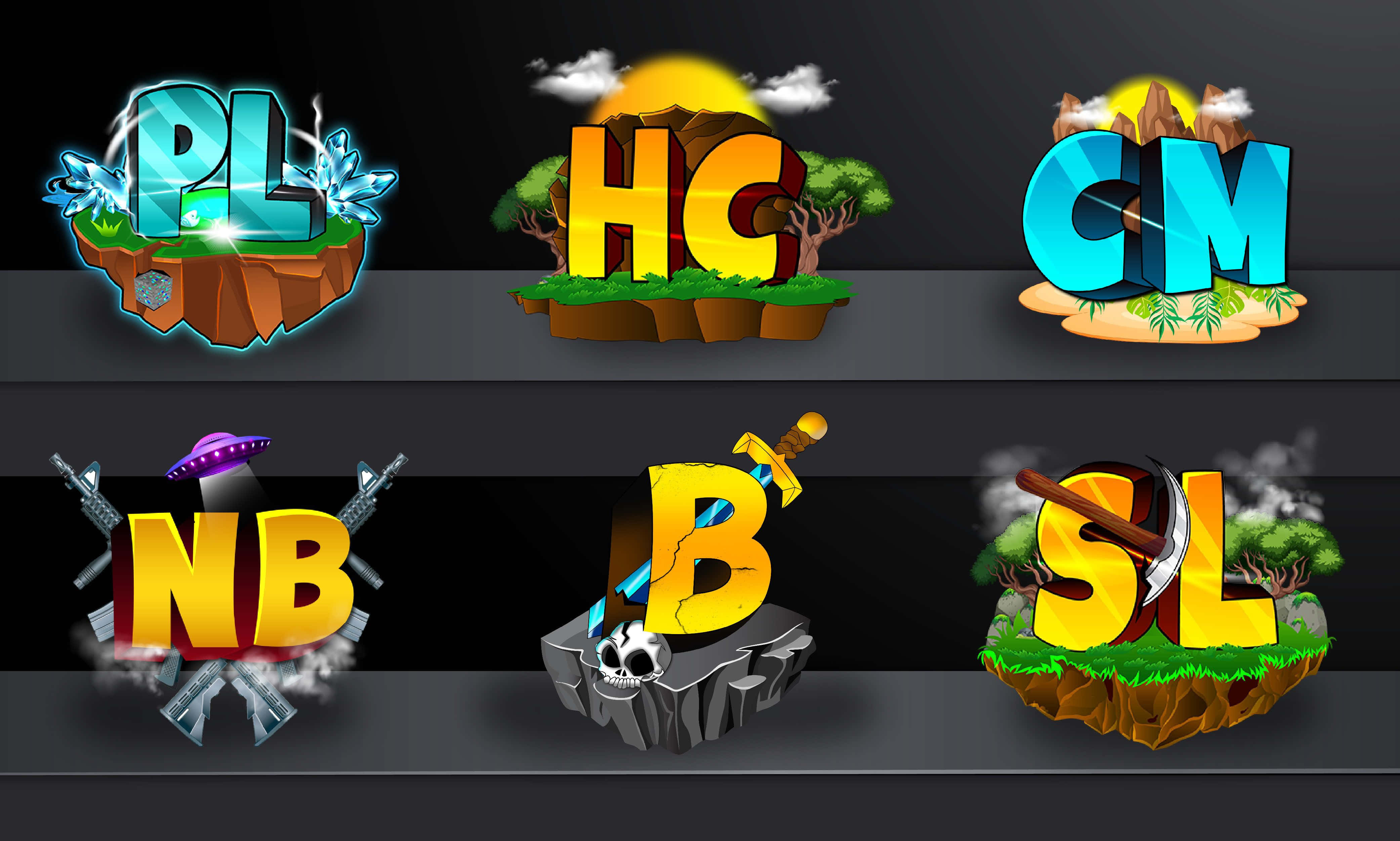 Minecraft Server 桌布 壁紙 — 六個彩色3D字母圖標，每個位於浮島平台上，帶有劍、骷髏頭和UFO等主題元素，背景為深色。
