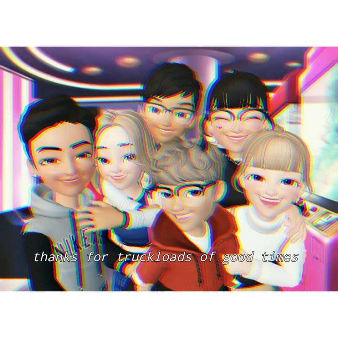 Zepeto 桌布 壁紙 — 六個微笑的動漫朋友在霓虹燈閃爍的遊戲機中心擠在一起，帶有故障效果和感謝美好時光的文字疊加。