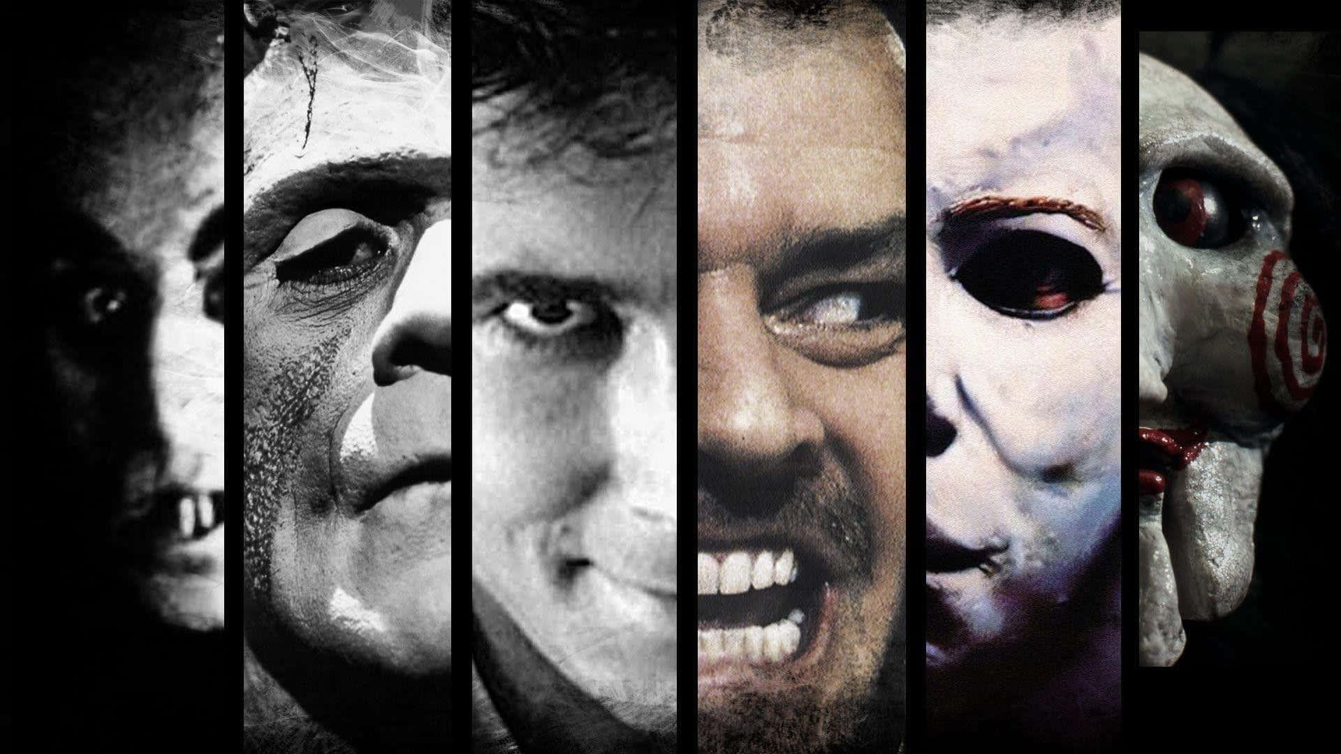 Monster Movies 桌布 壁紙 — 六個恐怖電影反派角色，以垂直面板呈現，表情強烈，燈光陰暗。