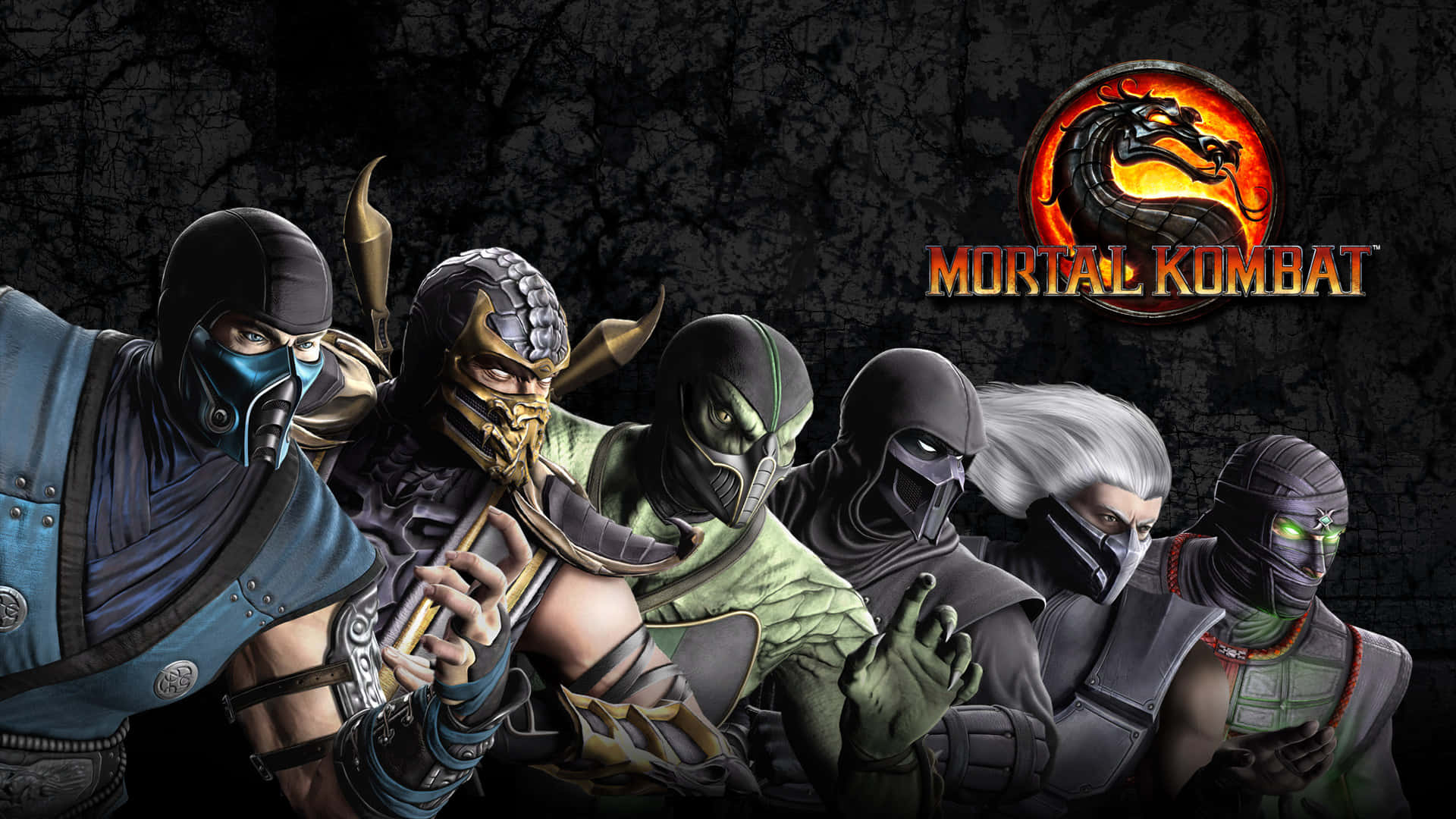 Mortal Kombat Legacy 桌布 壁紙 — 六個戴面具的真人快打戰士排成威脅性的隊伍，背景是破裂的暗色牆壁，上方有遊戲的火焰龍標誌。