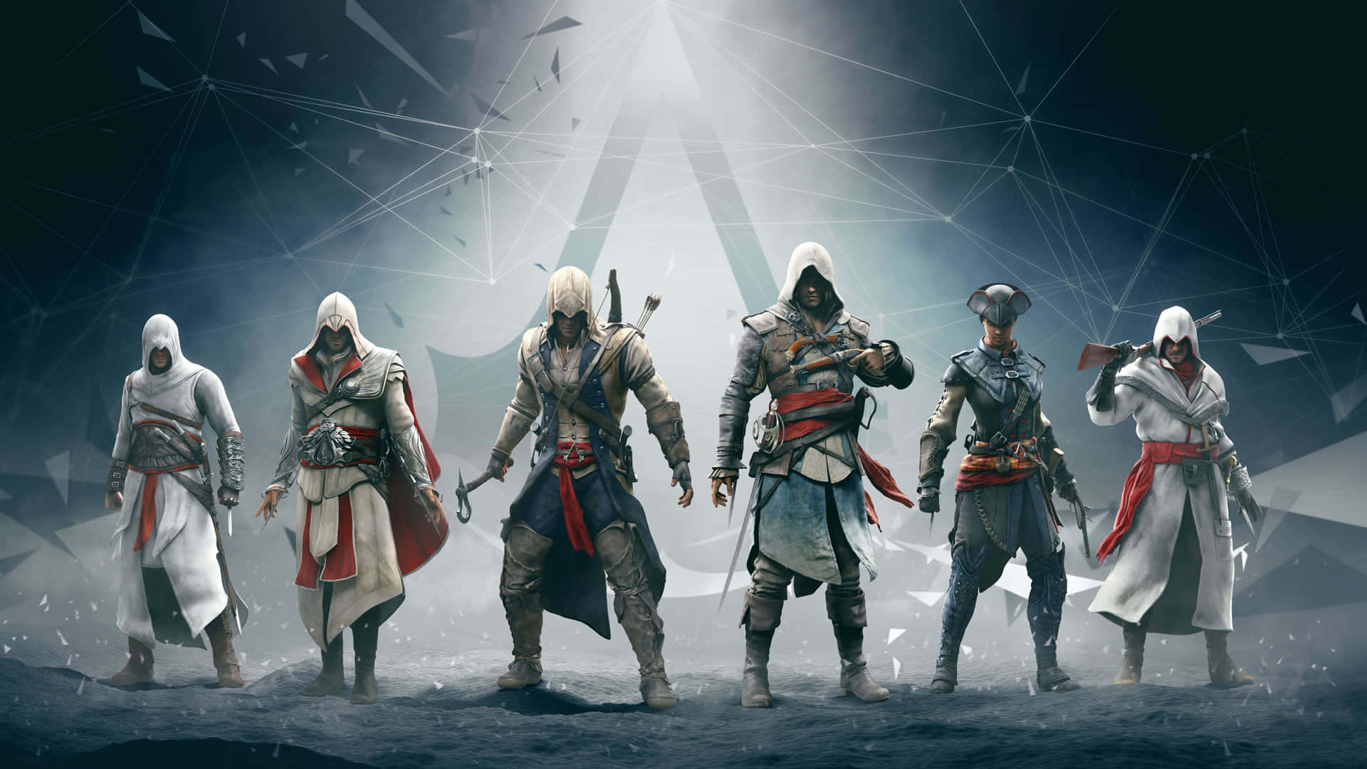 Desmond Miles 桌布 壁紙 — 六個戴頭巾的刺客，身穿帶有紅色點綴的白色長袍，在帶有發光三角形標誌的深色幾何背景前站成一排。