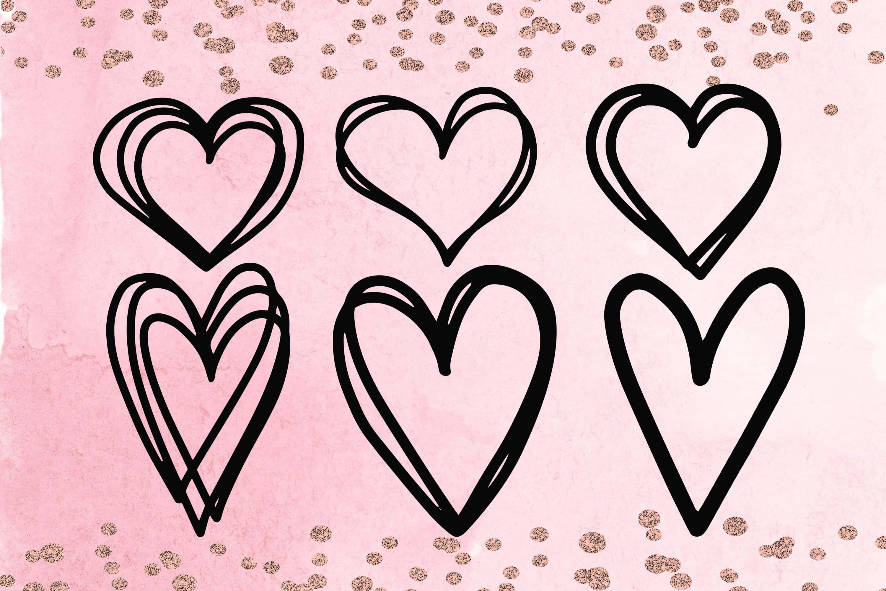 Heart Doodle 桌布 壁紙 — 六個手繪黑色心形輪廓漂浮在帶有金色閃粉的柔和粉紅色水彩背景上。