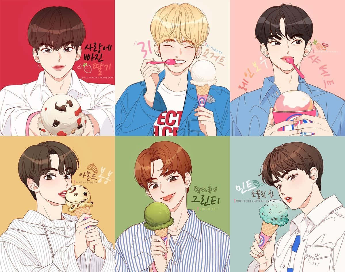 Kpop Kawaii 桌布 壁紙 — 六個插圖年輕男子各自享受不同口味的雪糕，背景為色彩鮮豔的純色。