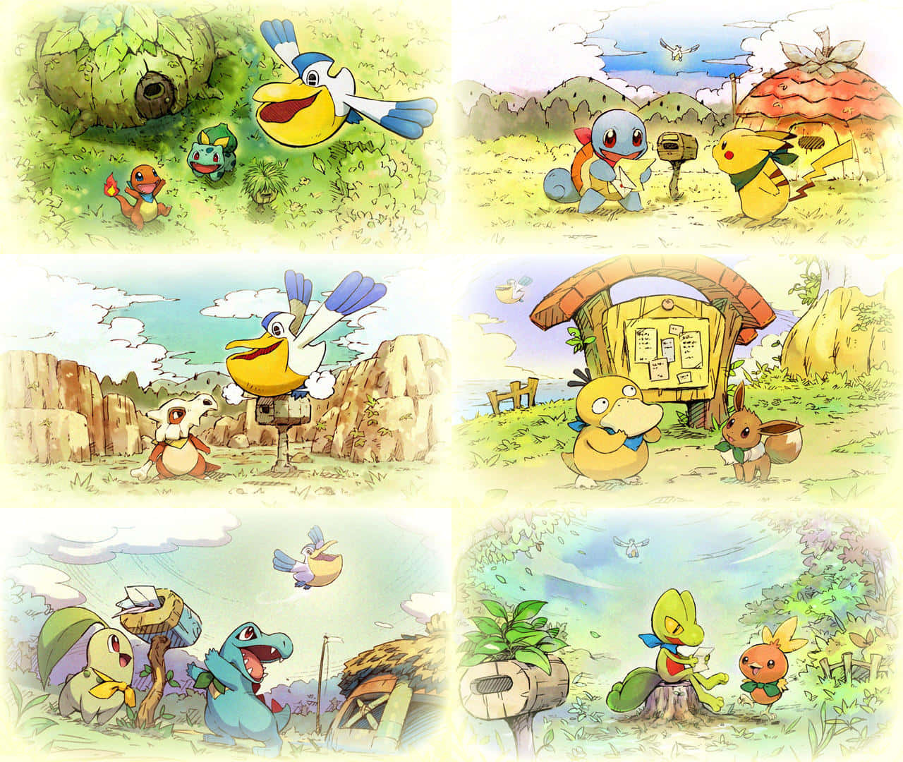 Pokemon Mystery Dungeon 桌布 壁紙 — 六個插圖面板展示色彩繽紛的寵物小精靈角色，在明亮的天空下，有樹木、岩石和小屋的歡樂戶外場景。