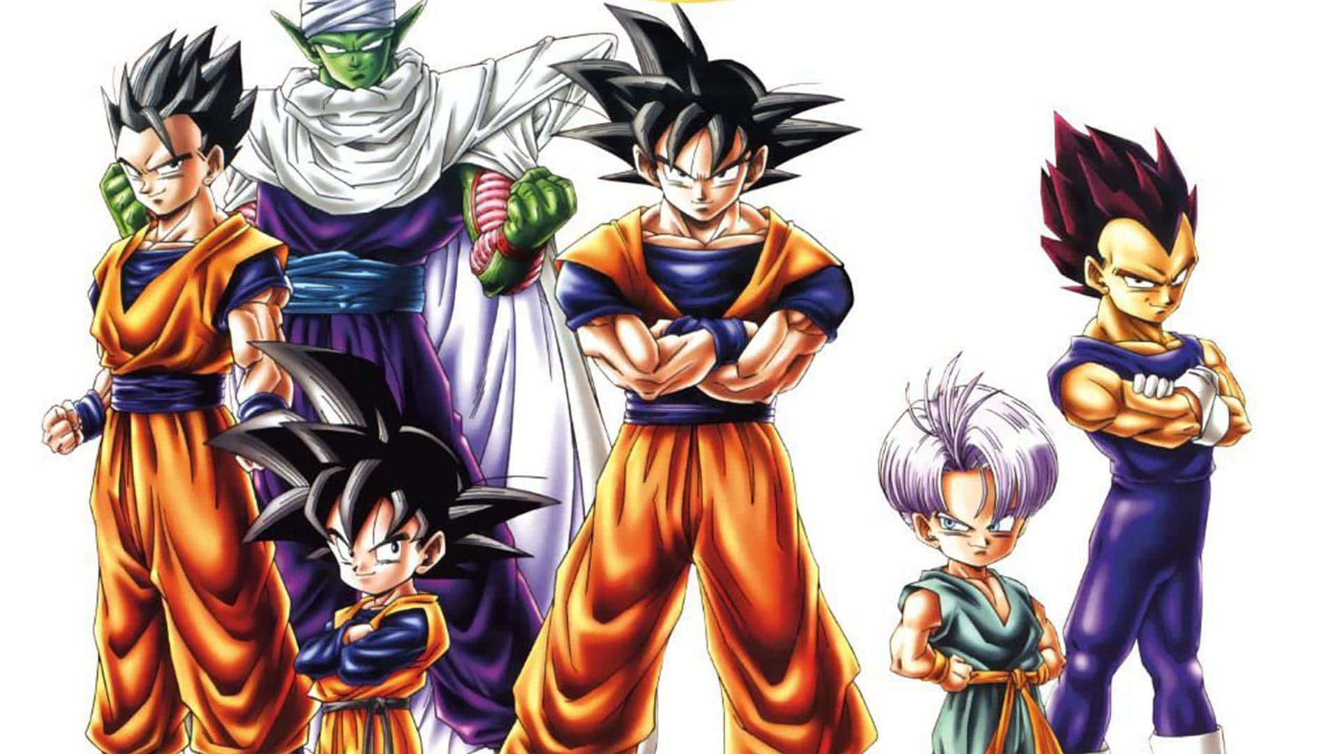 Dragon Ball Z Characters 桌布 壁紙 — 六個標誌性的龍珠角色穿著他們的標誌性服裝，自信地站在純白色背景前。