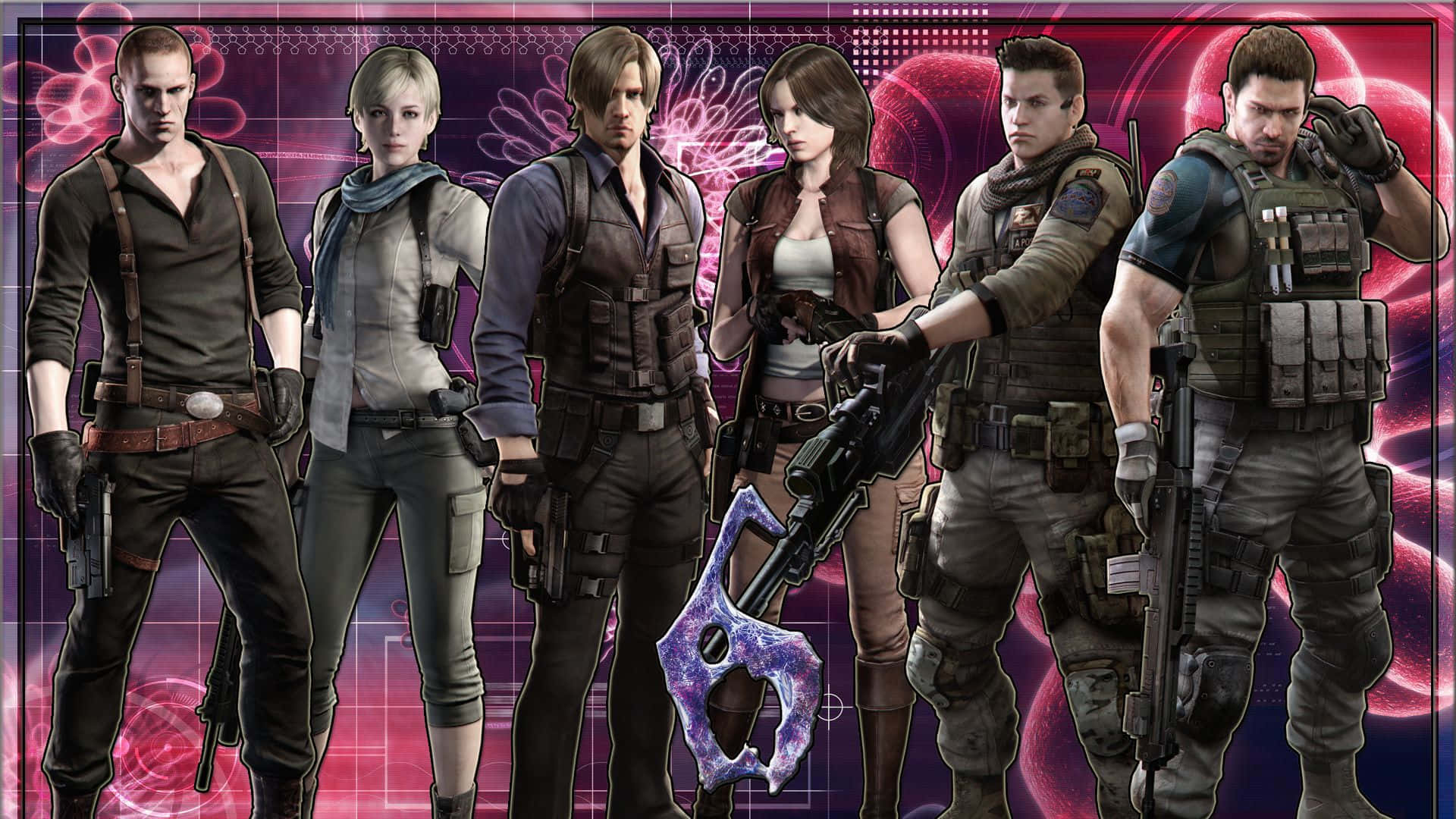 Resident Evil Characters 桌布 壁紙 — 六個武裝的電子遊戲角色排成一排，背景是發光的粉紅色和紫色抽象背景。