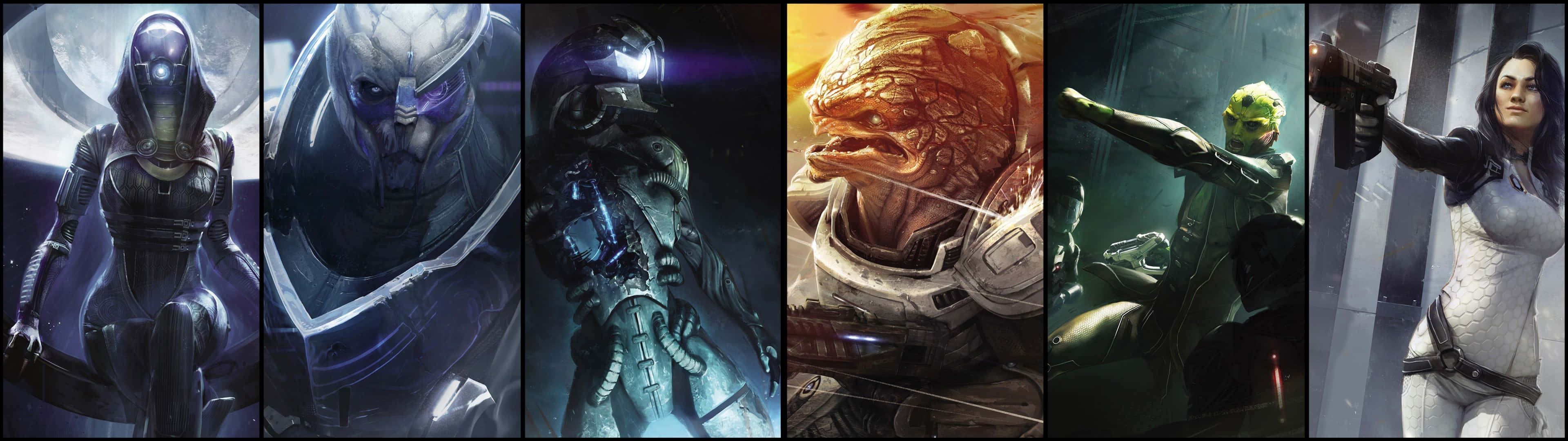 Mass Effect Femshep 桌布 壁紙 — 六個科幻角色穿著未來風格的盔甲和裝備，在黑暗的宇宙和工業背景下戲劇性地擺姿勢。