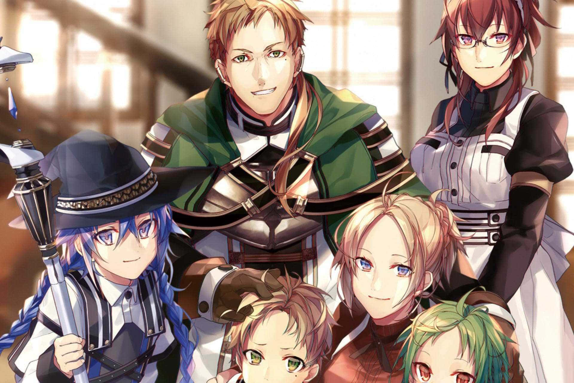 Mushoku Tensei 桌布 壁紙 — 六個穿著奇幻服裝的動漫角色在溫暖照明的室內環境中一起擺姿勢，背景帶有柔和散景。