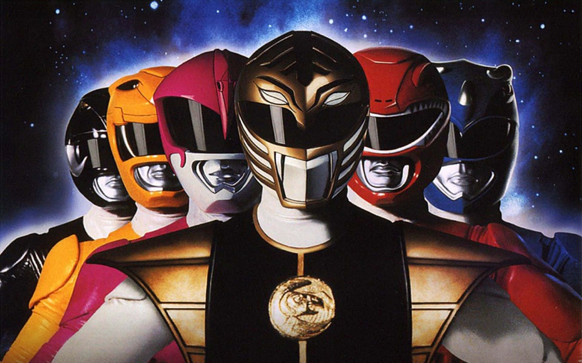Power Rangers 桌布 壁紙 — 六個穿著彩色頭盔的Power Rangers在星光燦爛的宇宙背景下英勇站立，帶有發光效果。