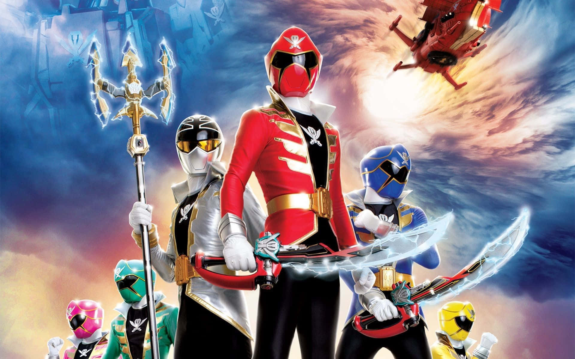 Power Rangers 桌布 壁紙 — 六個穿著海盜主題盔甲的Power Rangers在暴風雨的天空下英勇站立，伴隨著飛行機甲和發光武器。