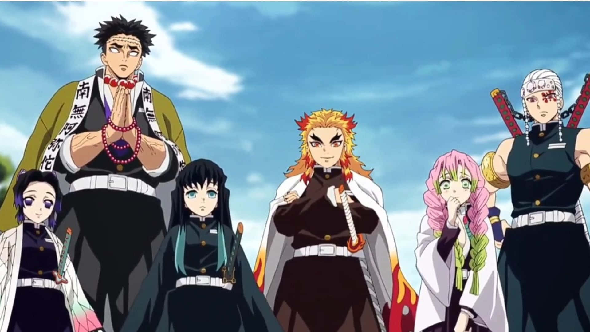 Demon Slayer Corps 桌布 壁紙 — 六個穿著獨特制服嘅動畫角色喺有零星白雲嘅明亮藍天下自信地企喺度。