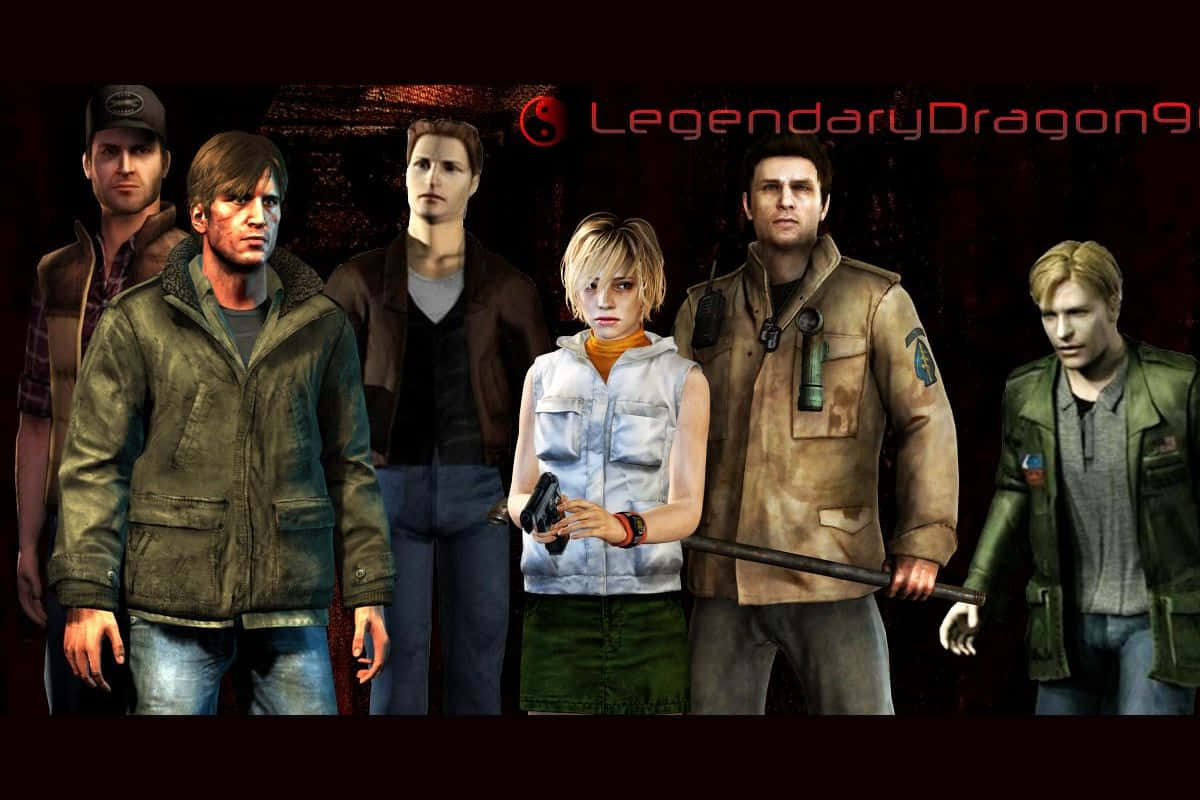 Silent Hill Characters 桌布 壁紙 — 六個粗獷的電子遊戲角色站在黑暗緊張的陣容中，手持武器，穿著破舊的夾克。
