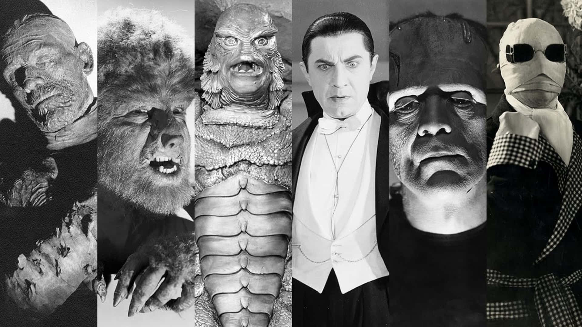 Monster Movies 桌布 壁紙 — 六個經典恐怖電影怪物的黑白拼貼畫，具有細緻紋理的服裝和戲劇性的表情。