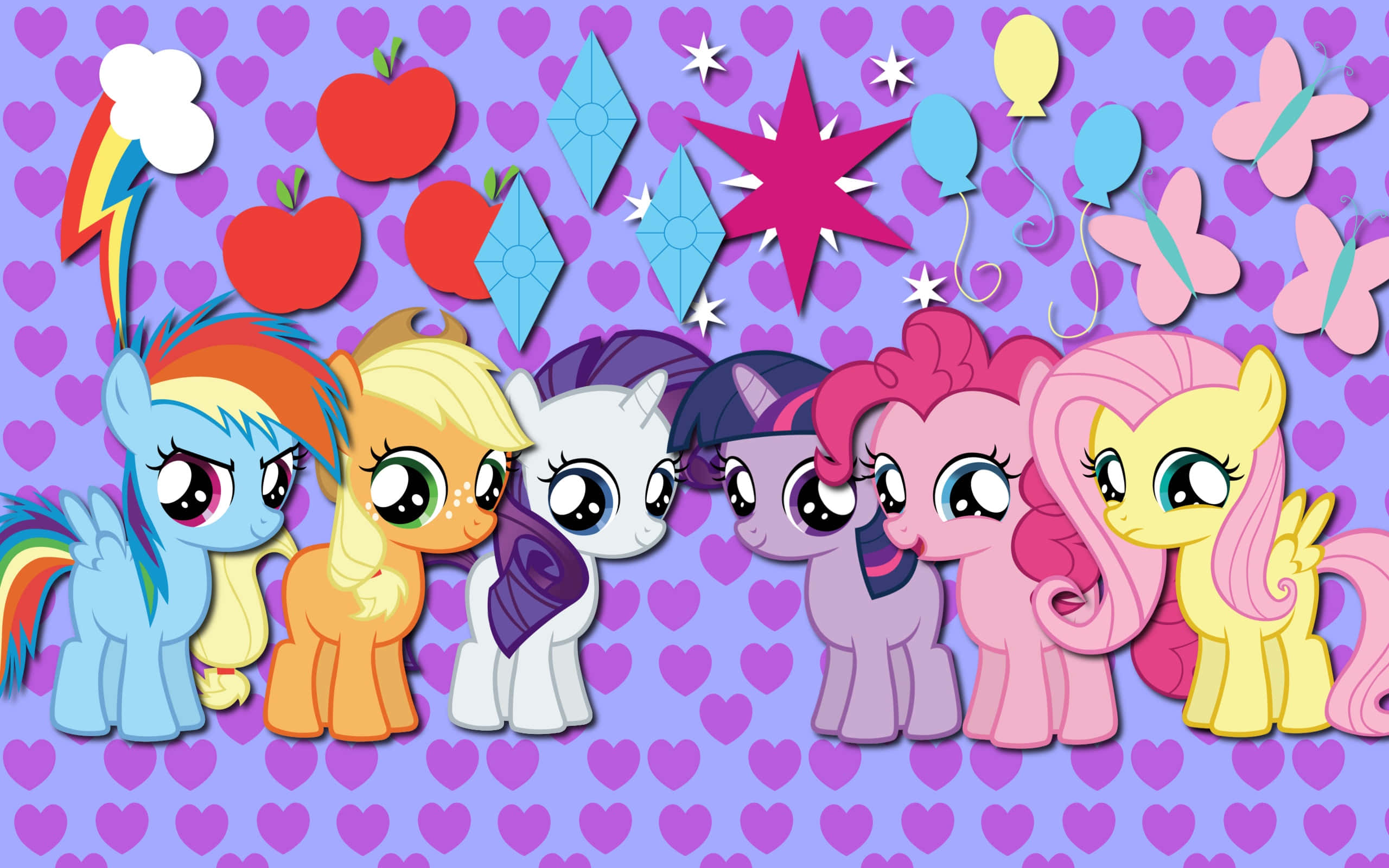 pony 桌布 壁紙 — 六個色彩繽紛的My Little Pony角色在紫色心形圖案背景上，與節日蘋果、氣球和星星一起歡快地站立。