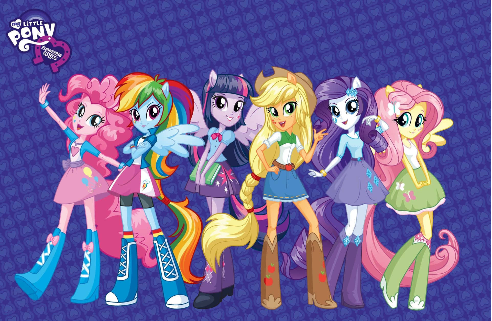 pony 桌布 壁紙 — 六個色彩繽紛的My Little Pony Equestria Girls角色在圖案紫色背景前愉快地擺姿勢。