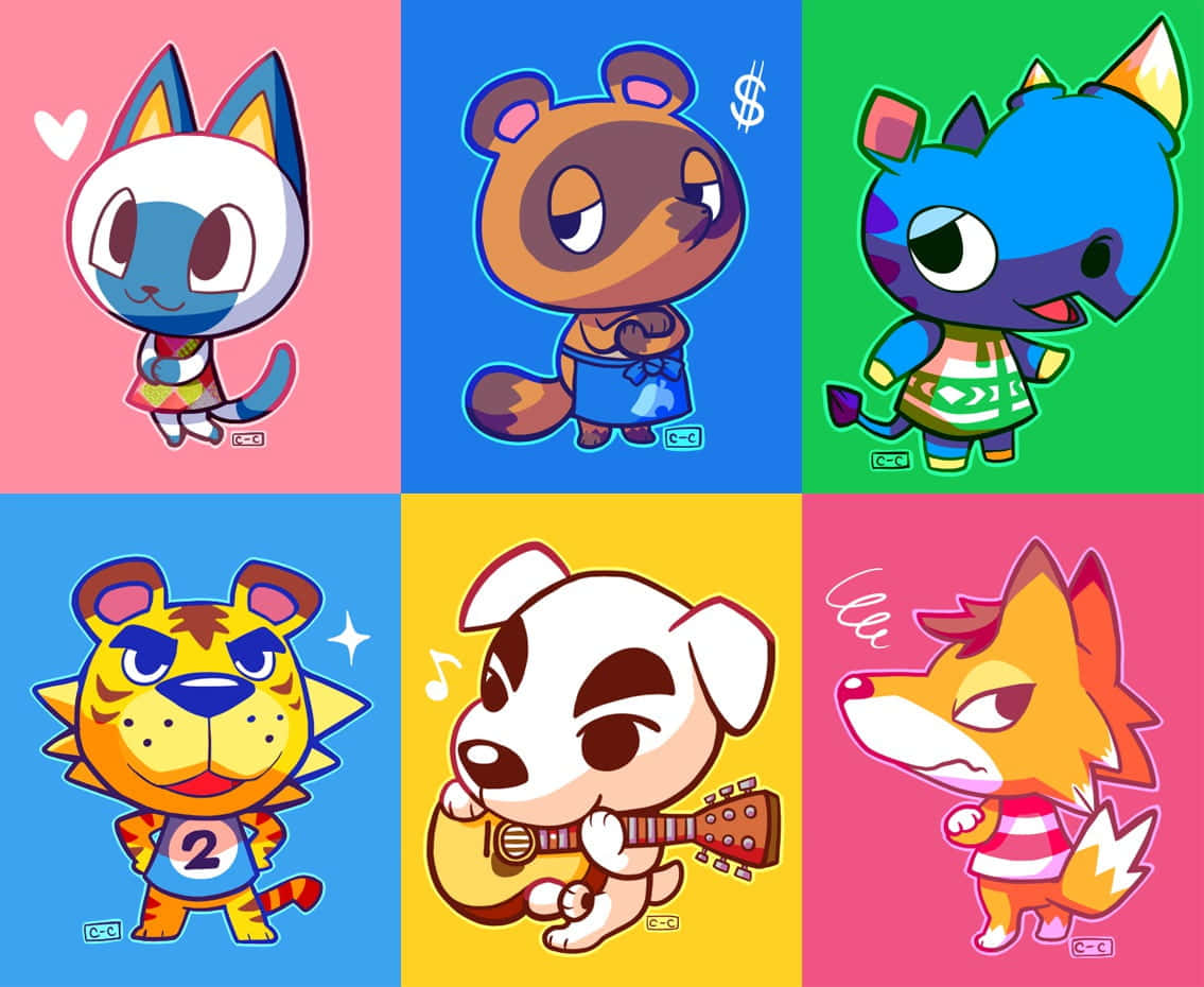 Kawaii Fox 桌布 壁紙 — 六個色彩繽紛的Q版動物森友會角色，每個都在充滿活力的純色面板中，帶有獨特的表情和配件。