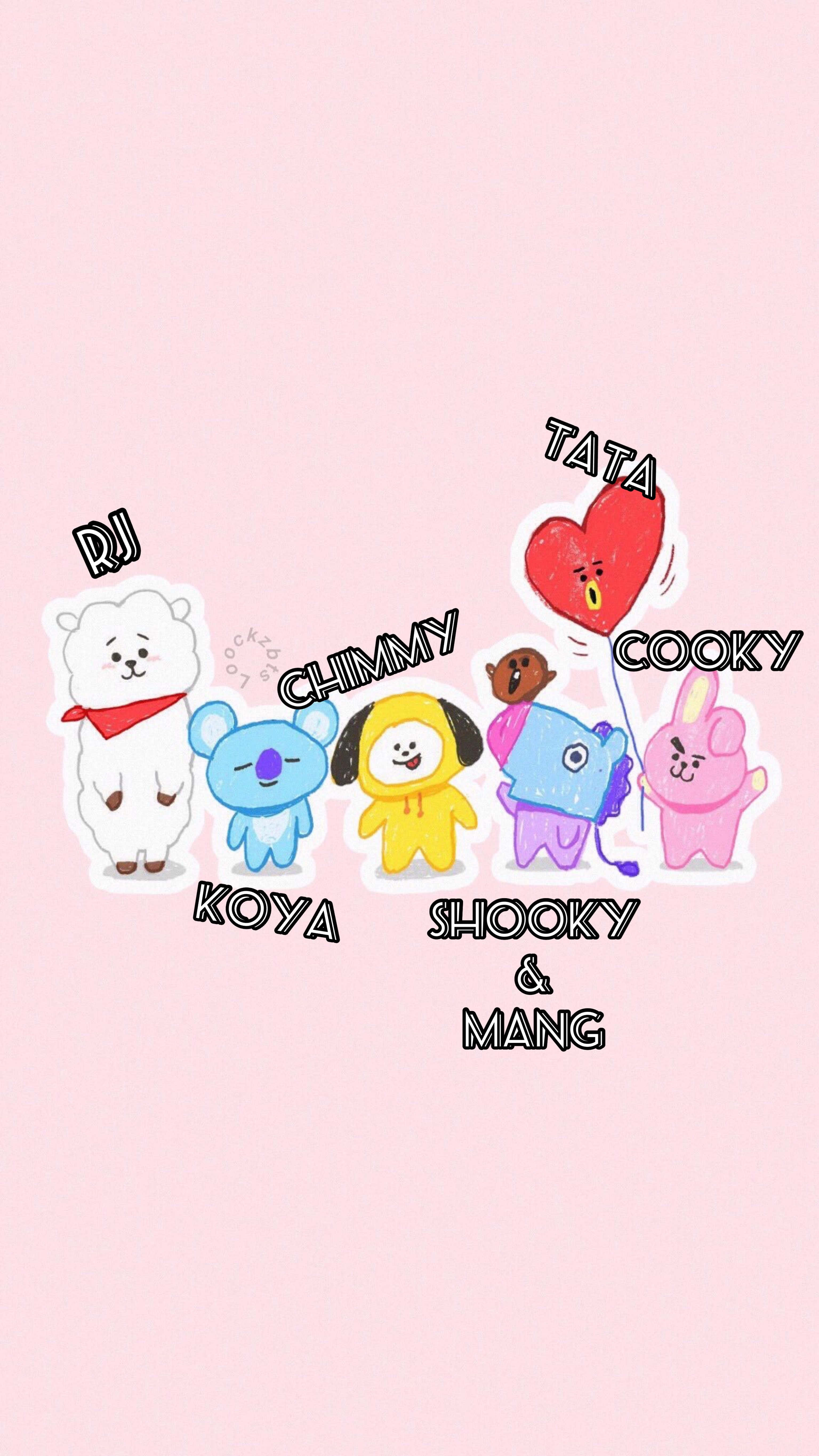 Bts Fanart 桌布 壁紙 — 六個色彩繽紛的卡通角色帶有名字，在柔和的粉紅色背景上漂浮，手持心形氣球。