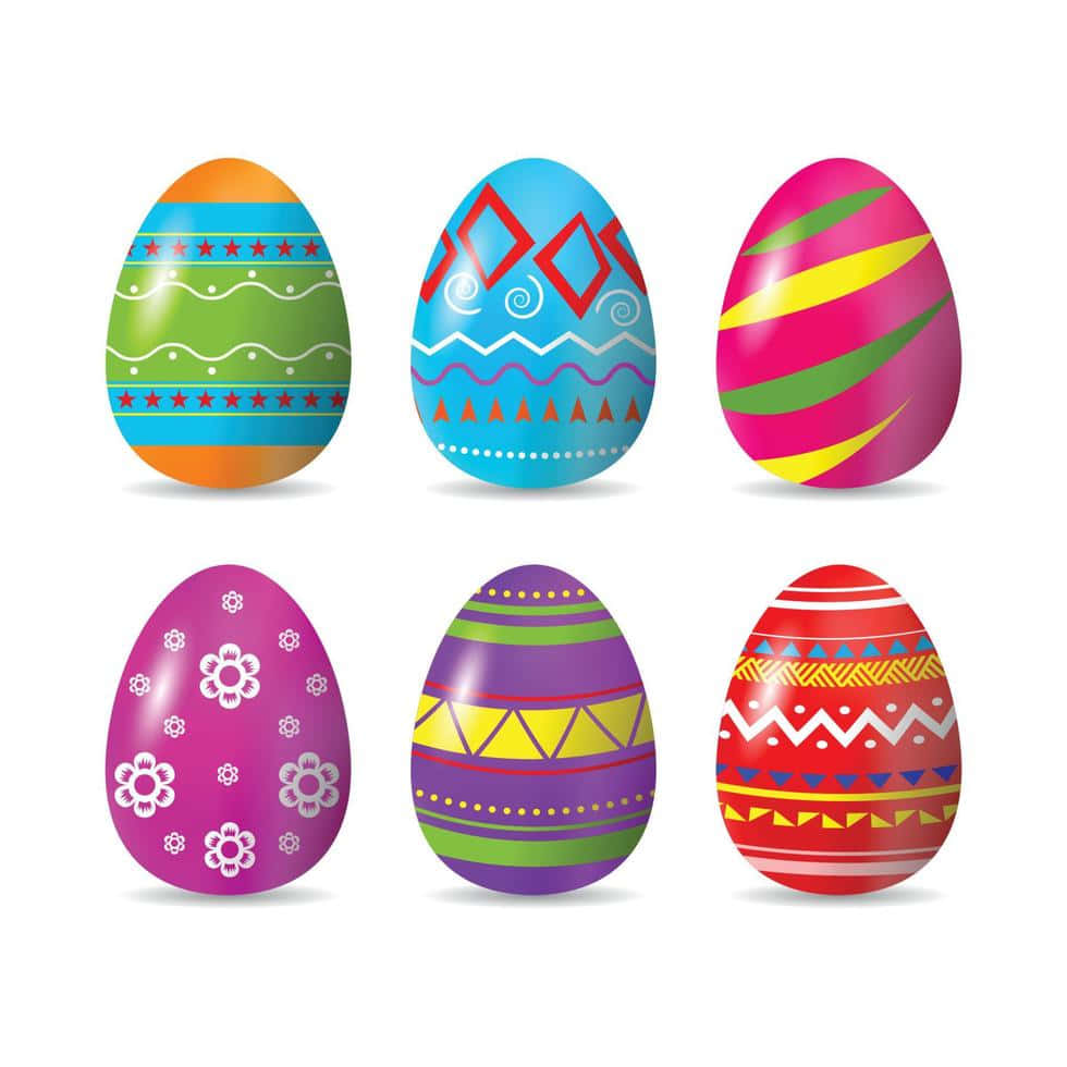 Eggs 桌布 壁紙 — 六個色彩鮮豔的復活節彩蛋，帶有幾何和花卉圖案，以鮮豔的顏色呈現在潔淨的白色背景上。