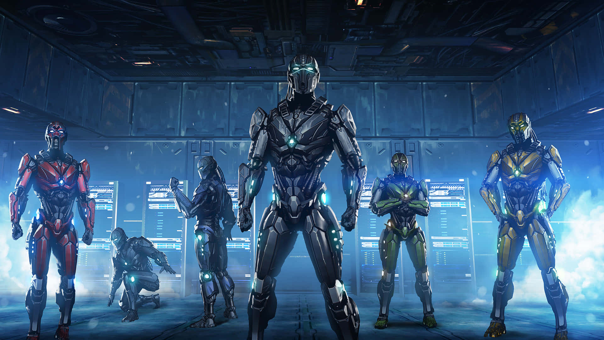 Mortal Kombat Triborg 桌布 壁紙 — 六個裝甲機器人戰士站在一個高科技指揮中心，沐浴在藍光和發光的介面中。