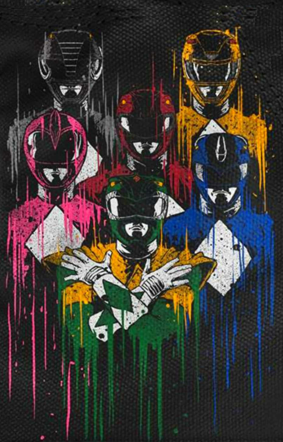 Power Rangers 桌布 壁紙 — 六個身穿標誌性頭盔的恐龍戰隊站在一個充滿活力的塗鴉風格顏料潑濺中，背景是深色紋理。