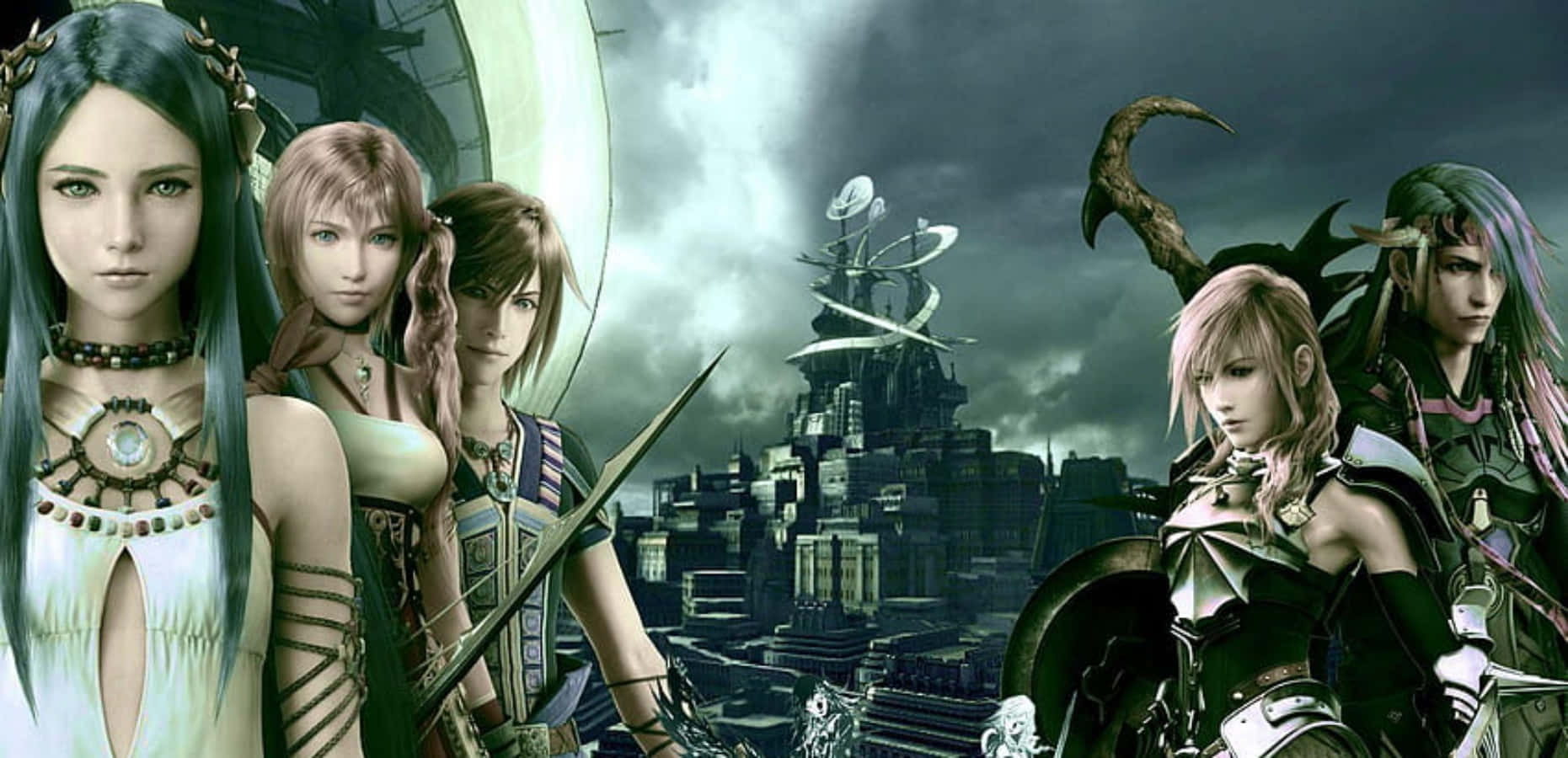 Final Fantasy Characters 桌布 壁紙 — 六個身穿精細盔甲和服飾的奇幻角色，站在暴風雨天空下的黑暗未來城市前。