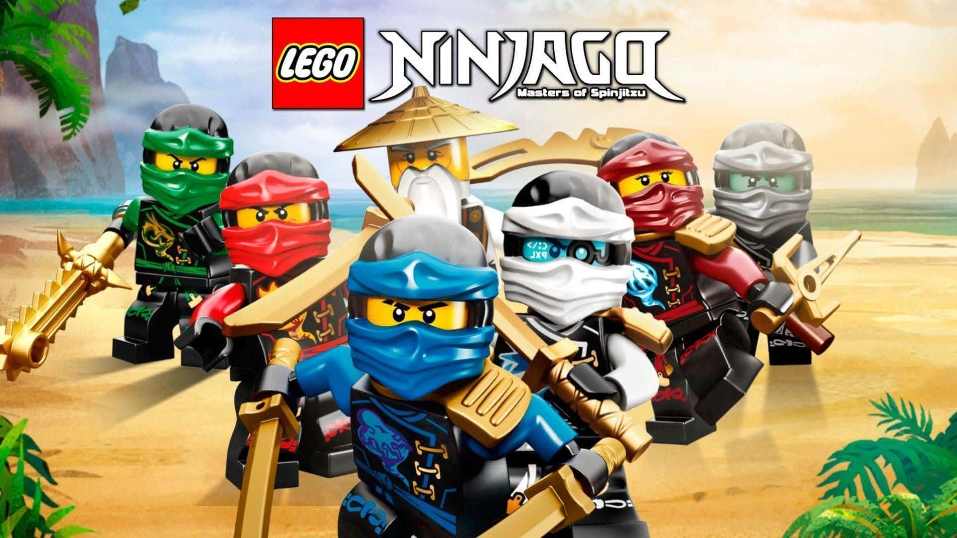 Ninjago 桌布 壁紙 — 六個身穿色彩繽紛忍者裝備的LEGO Ninjago角色，在沙灘上準備好武器，周圍有叢林樹葉。