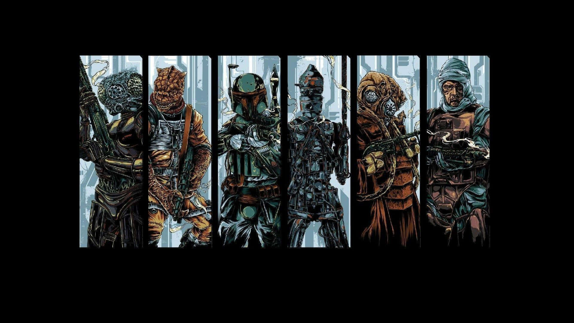 Bounty Hunters 桌布 壁紙 — 六個身穿裝甲的賞金獵人排成一排，背景是帶有發光藍線的未來城市。