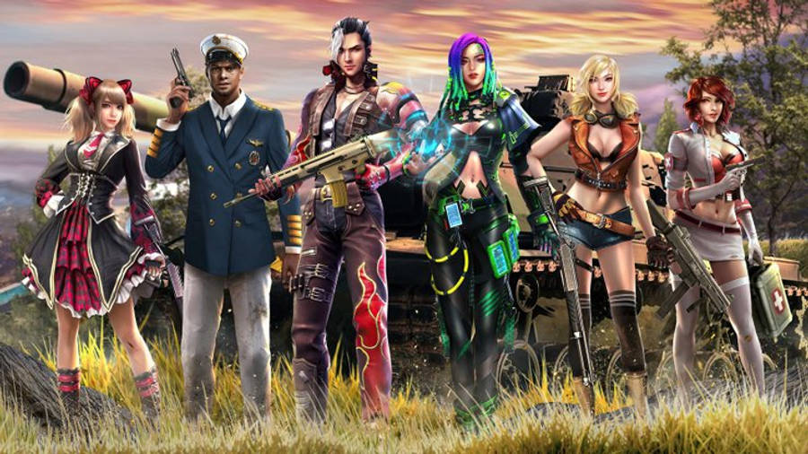 free fire 4K 桌布 壁紙 — 六個風格化的動漫角色身穿戰鬥裝備，在夕陽下的草地上手持武器站立。