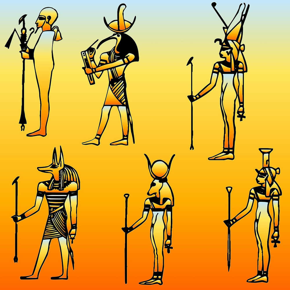 Egyptian Gods 桌布 壁紙 — 六個風格化的埃及神祇側面像，站在溫暖漸層的日落天空前。