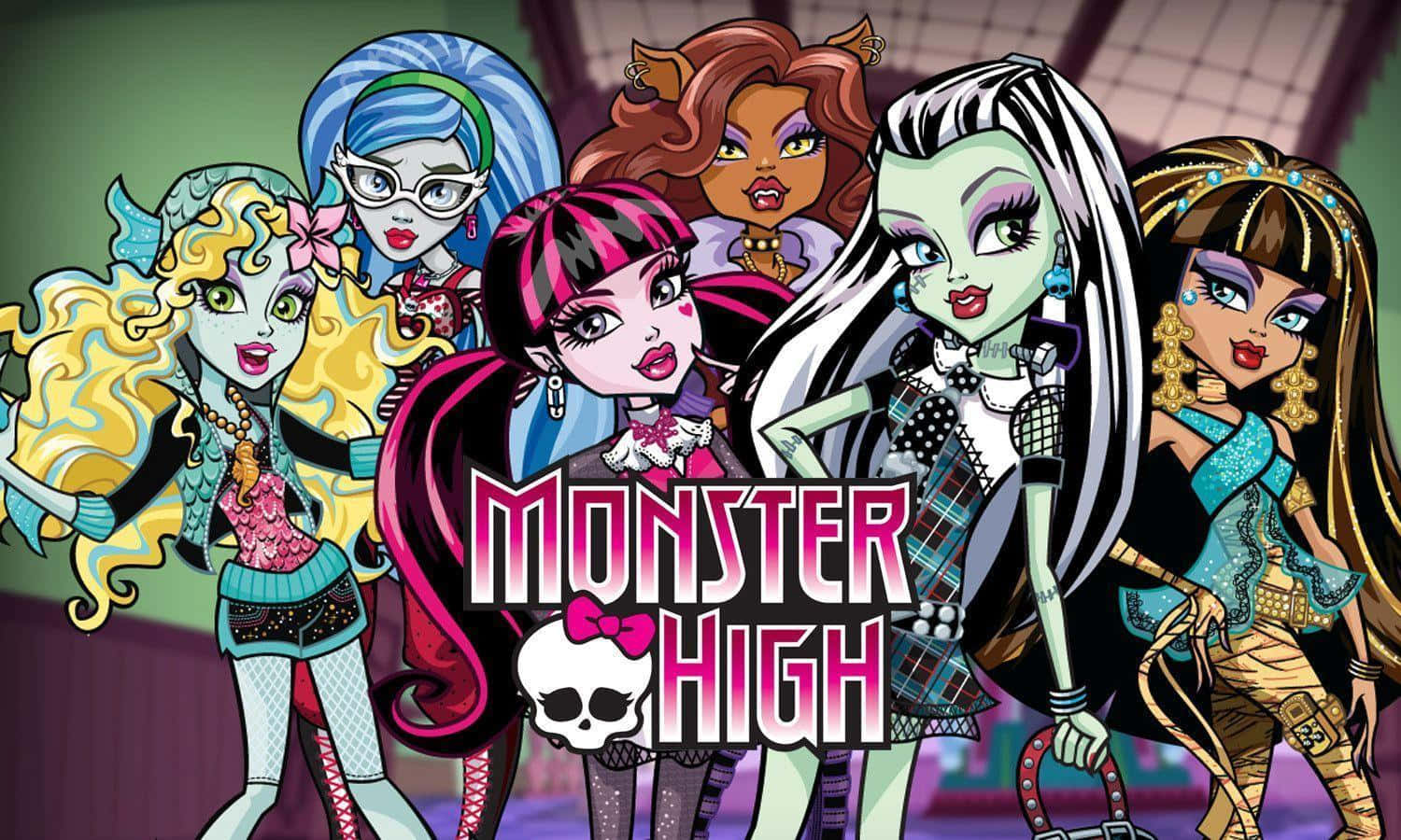 Monster High 桌布 壁紙 — 六個風格化的怪物女孩穿著色彩繽紛的哥德式服裝，自信地在 Monster High 標誌周圍擺姿勢。