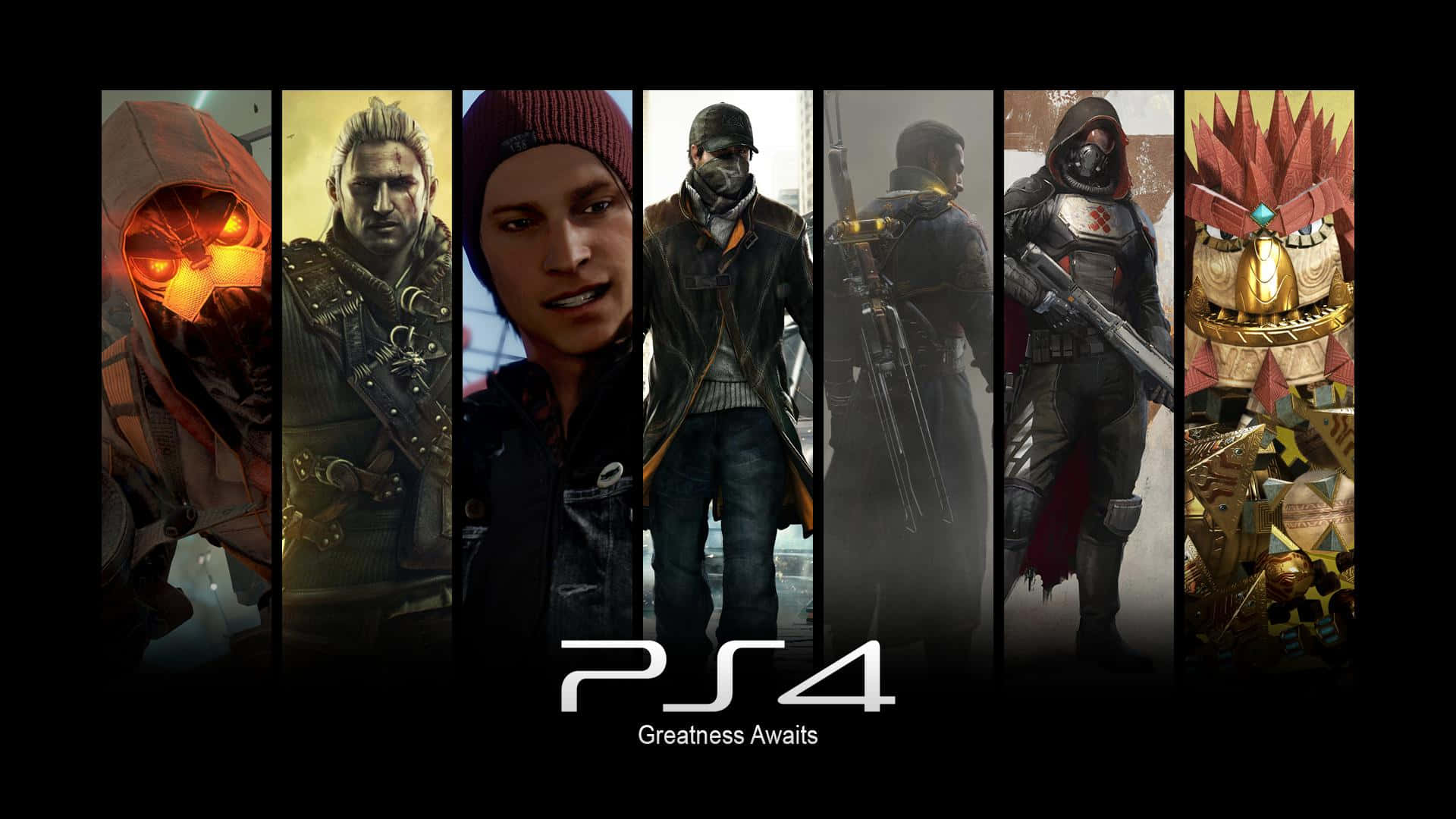 All Games PS4 壁紙 — 六個風格化的電子遊戲角色，以垂直面板展示，下方有PS4標誌和標語。