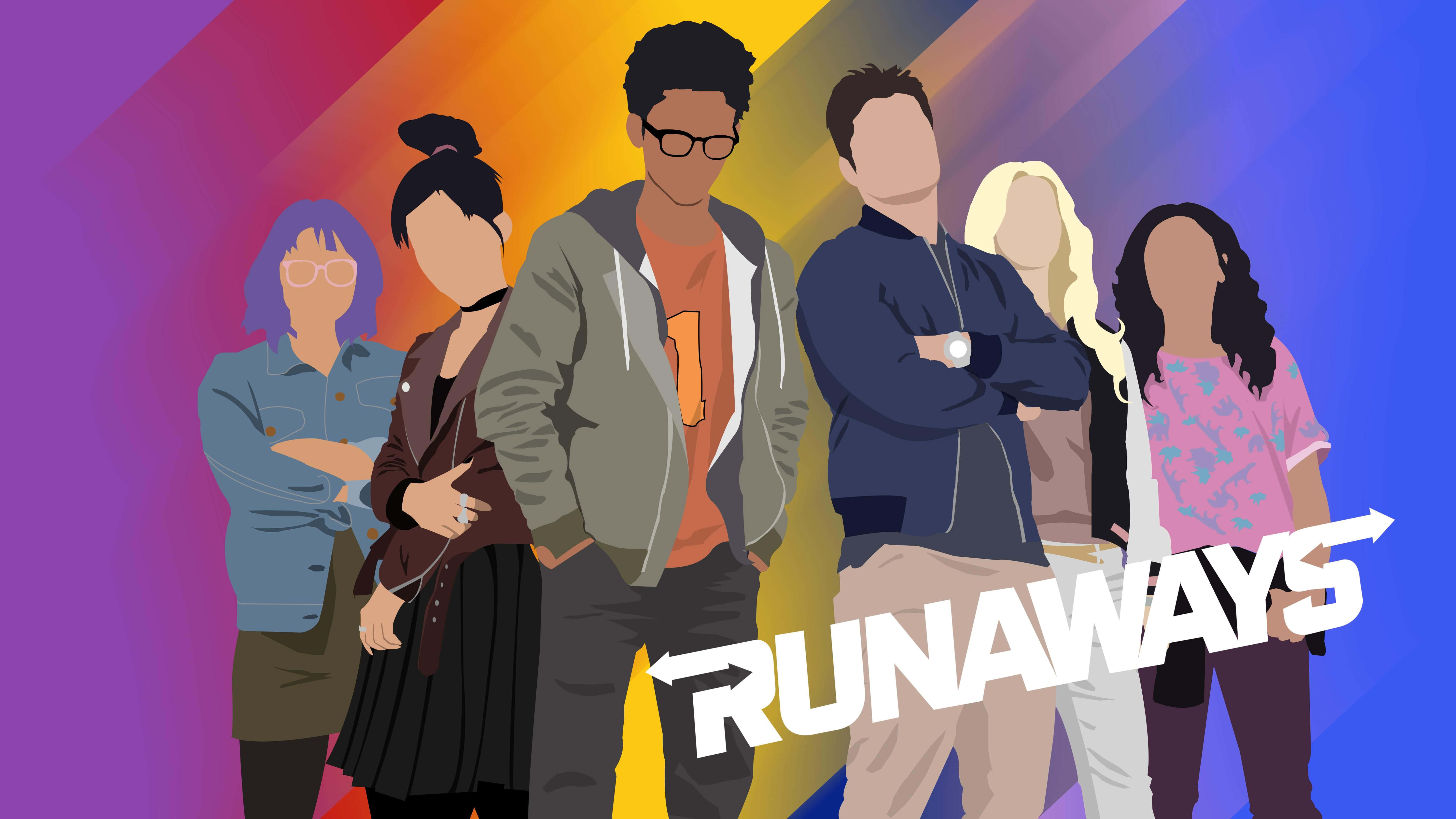 Runaways 桌布 壁紙 — 六個風格化的青少年自信地站在充滿活力的彩虹漸變背景前，並帶有粗體白色文字「RUNAWAYS」。
